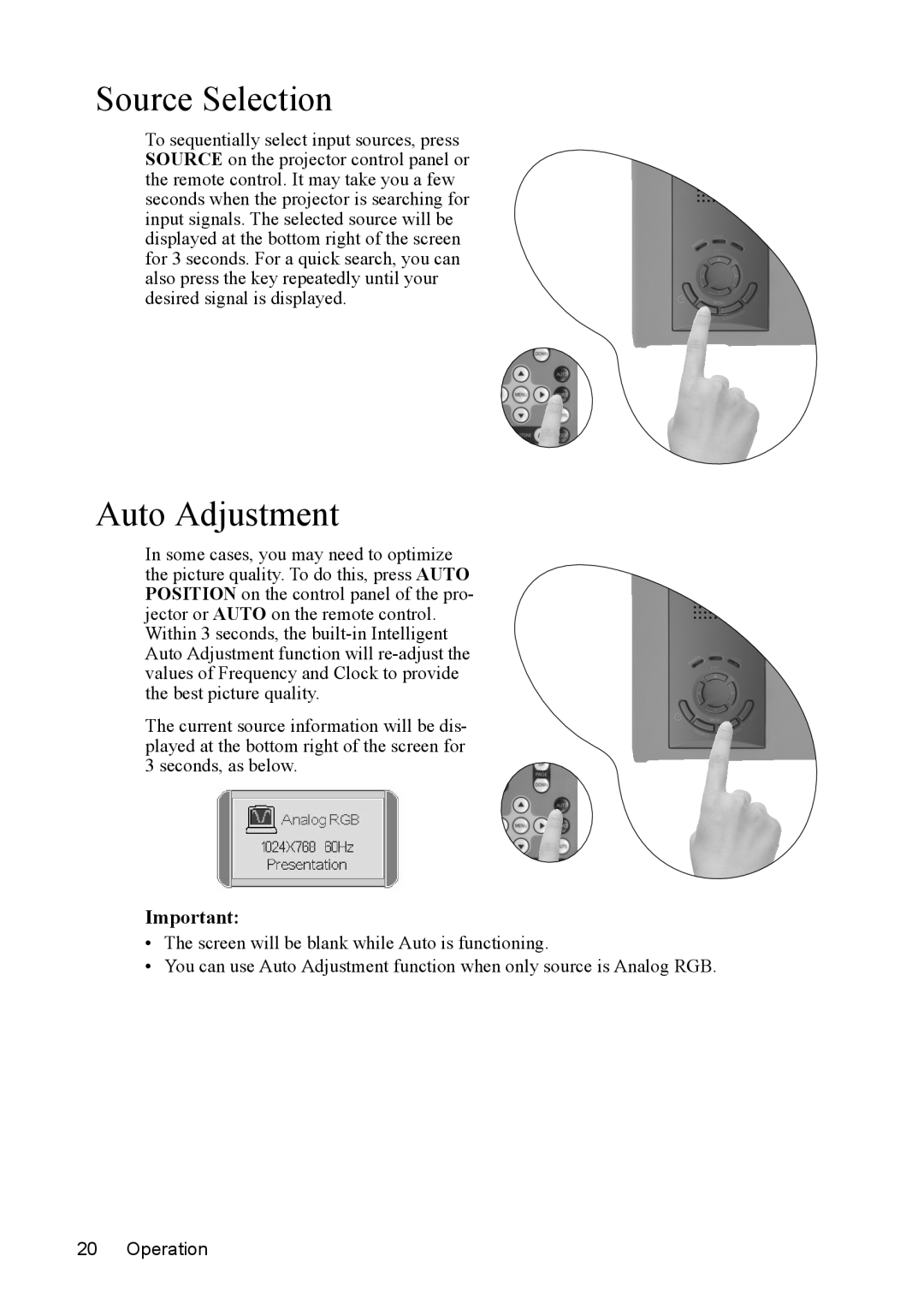 Mitsubishi Electronics SE2U user manual Source Selection, Auto Adjustment 