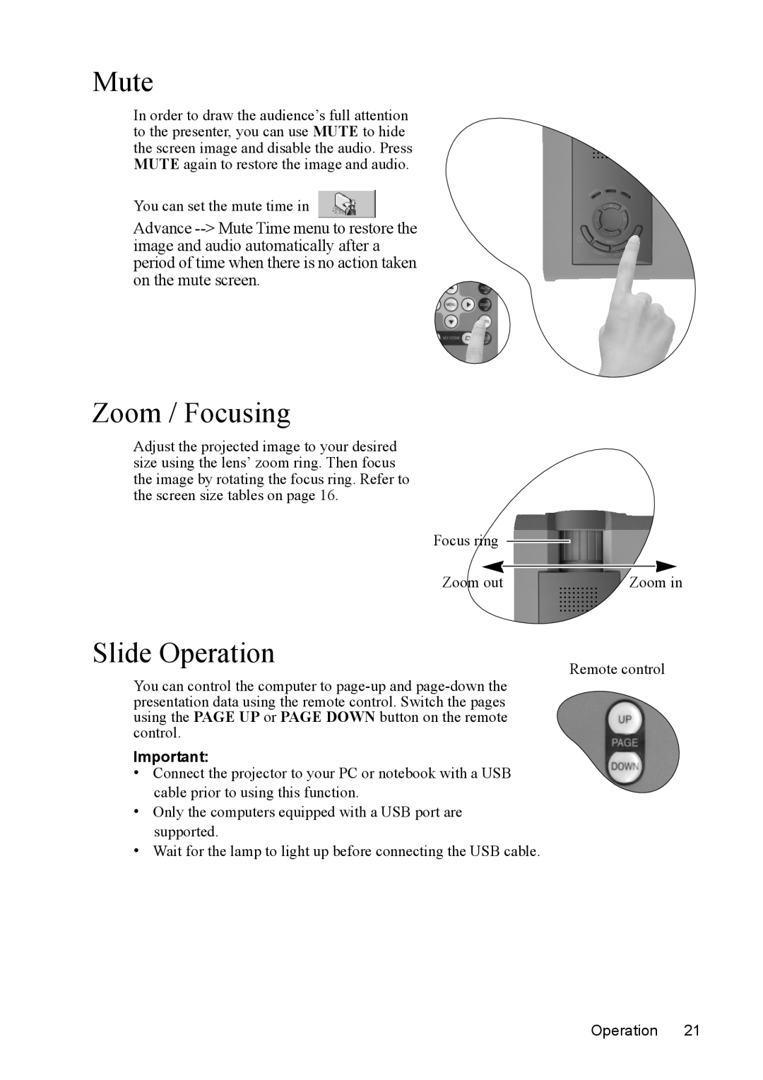 Mitsubishi Electronics SE2U user manual Mute, Zoom / Focusing, Slide Operation 