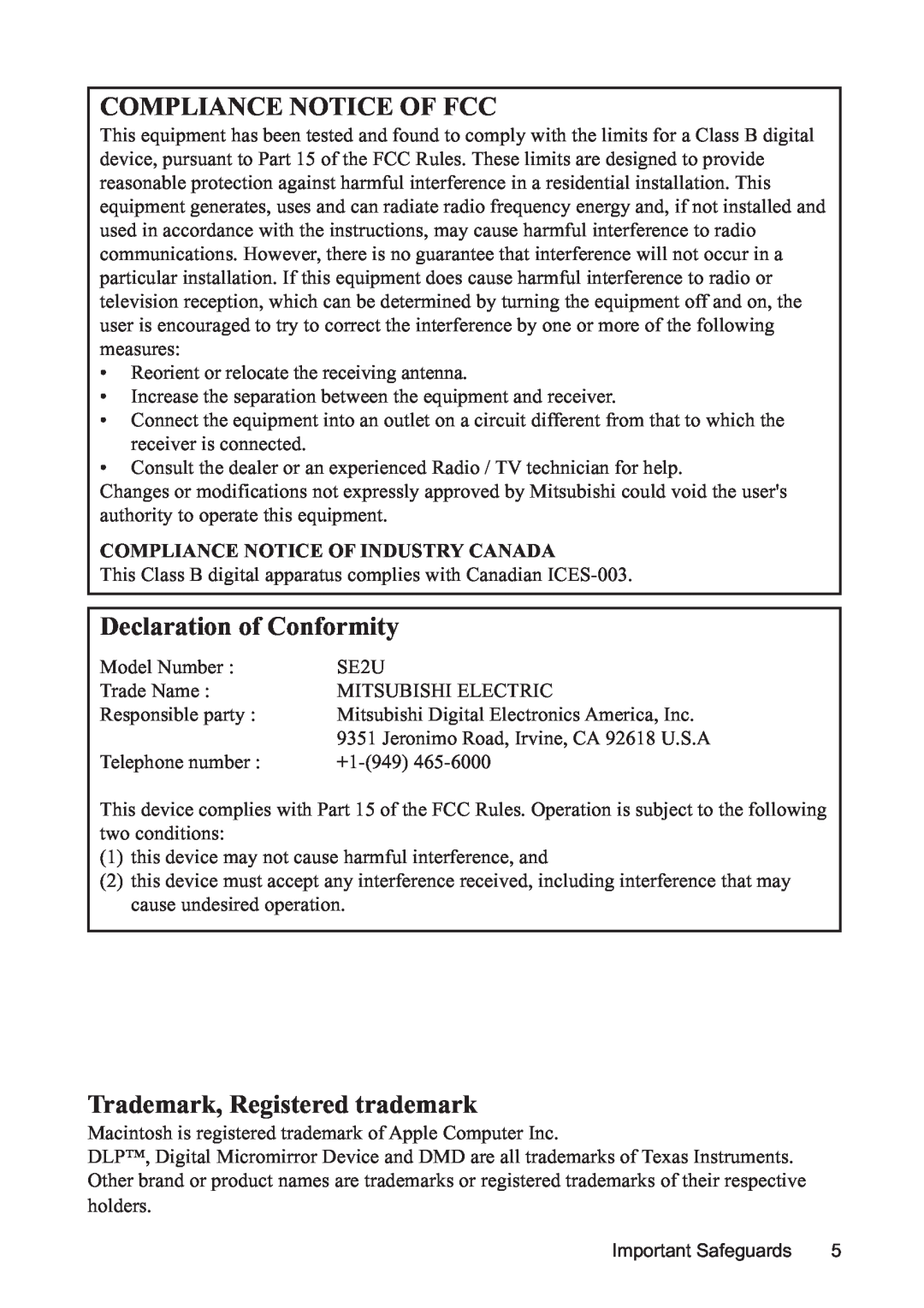 Mitsubishi Electronics SE2U Compliance Notice Of Fcc, Declaration of Conformity, Trademark, Registered trademark 