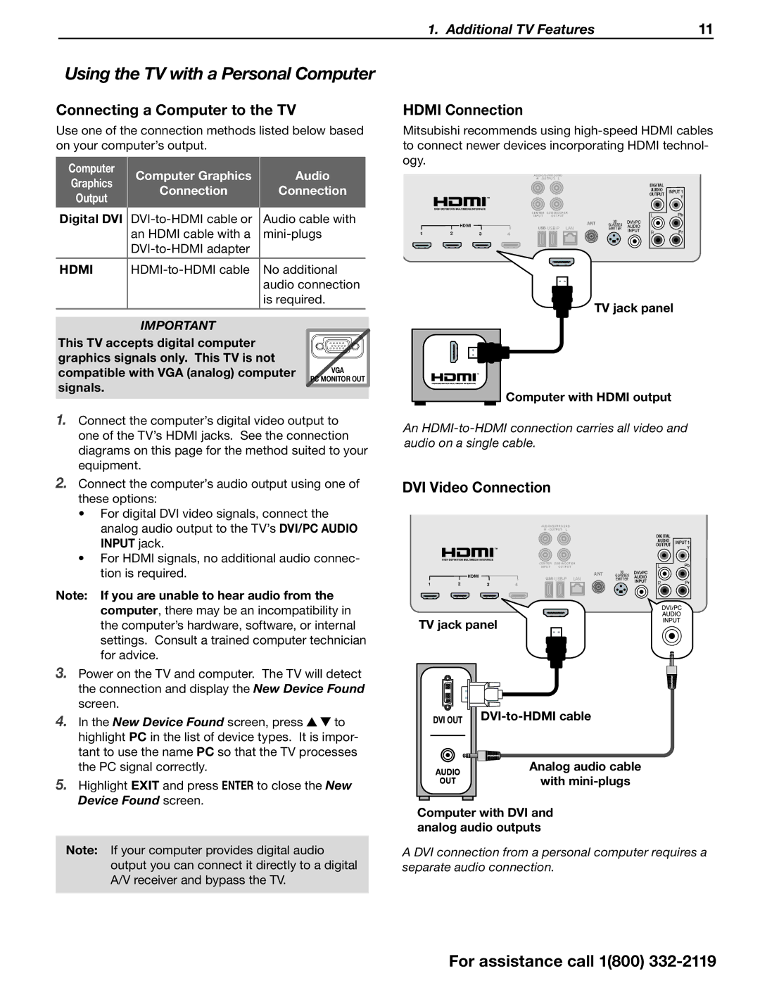 Mitsubishi Electronics SERIES 742 manual Connecting a Computer to the TV, Hdmi Connection, DVI Video Connection, Signals 