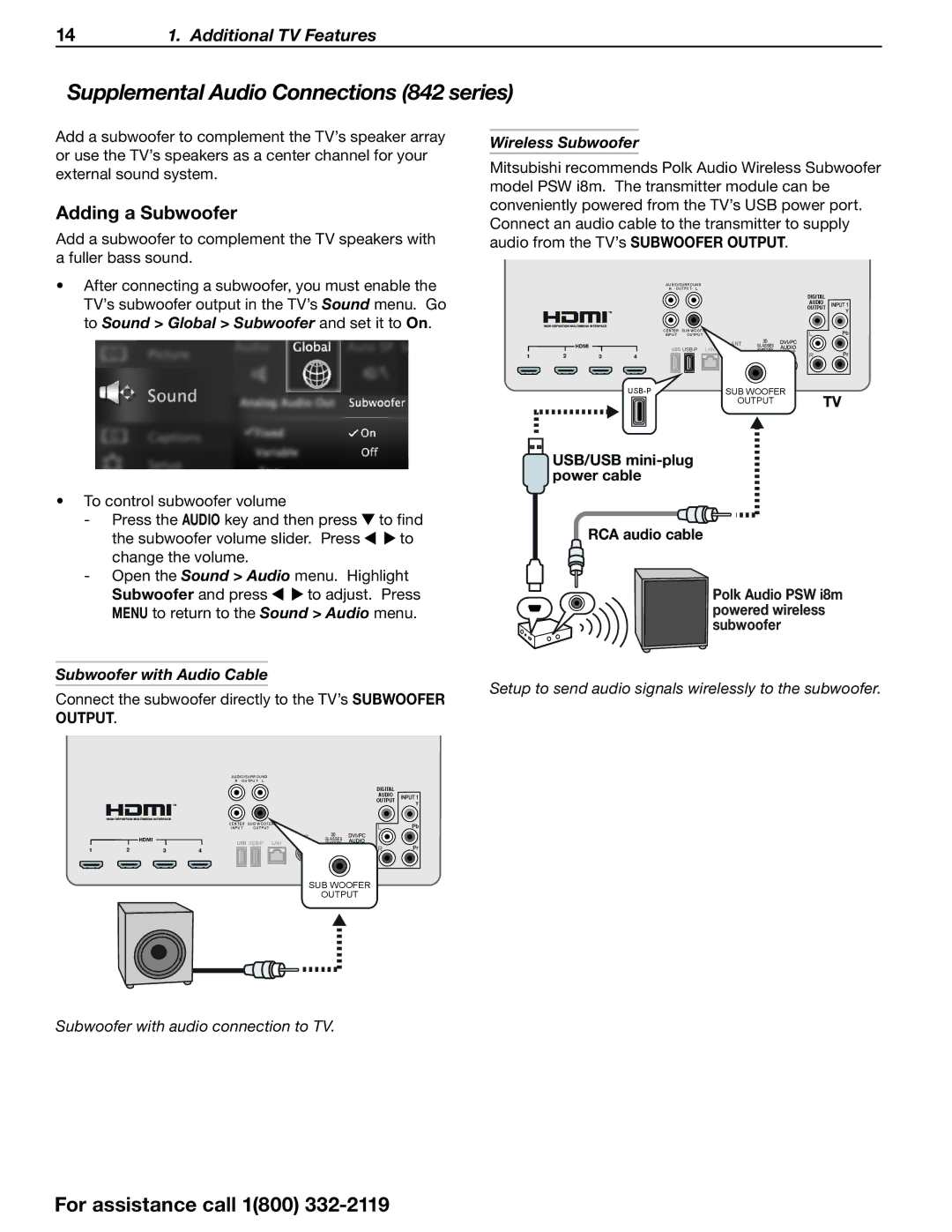 Mitsubishi Electronics SERIES 742 manual Supplemental Audio Connections 842 series, Adding a Subwoofer, Output 