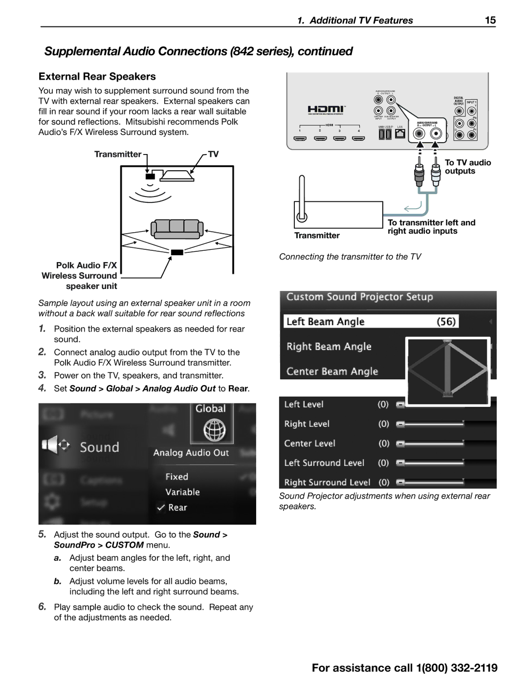 Mitsubishi Electronics SERIES 742 manual External Rear Speakers, Right audio inputs, Transmitter 