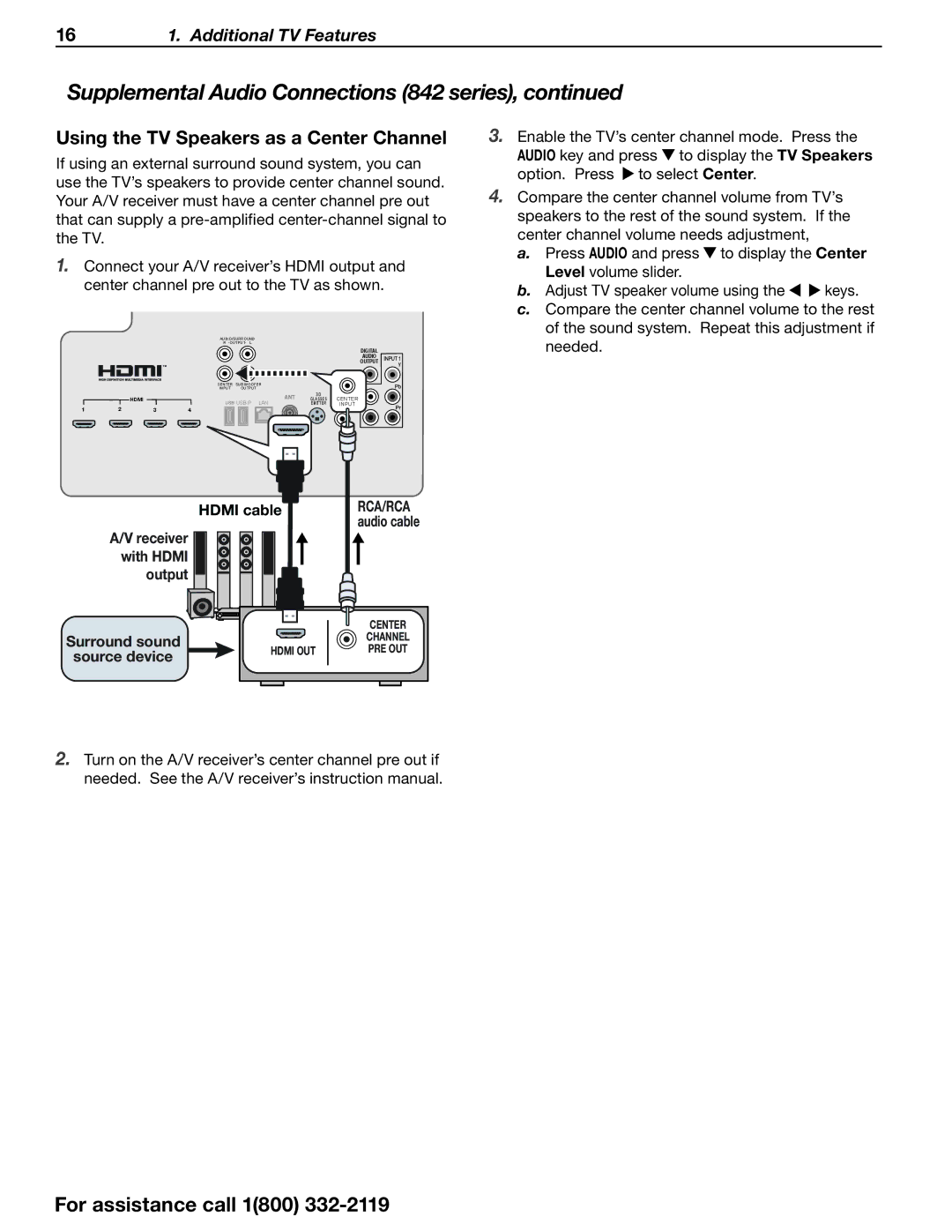 Mitsubishi Electronics SERIES 742 manual Using the TV Speakers as a Center Channel, Hdmi cable, Output 