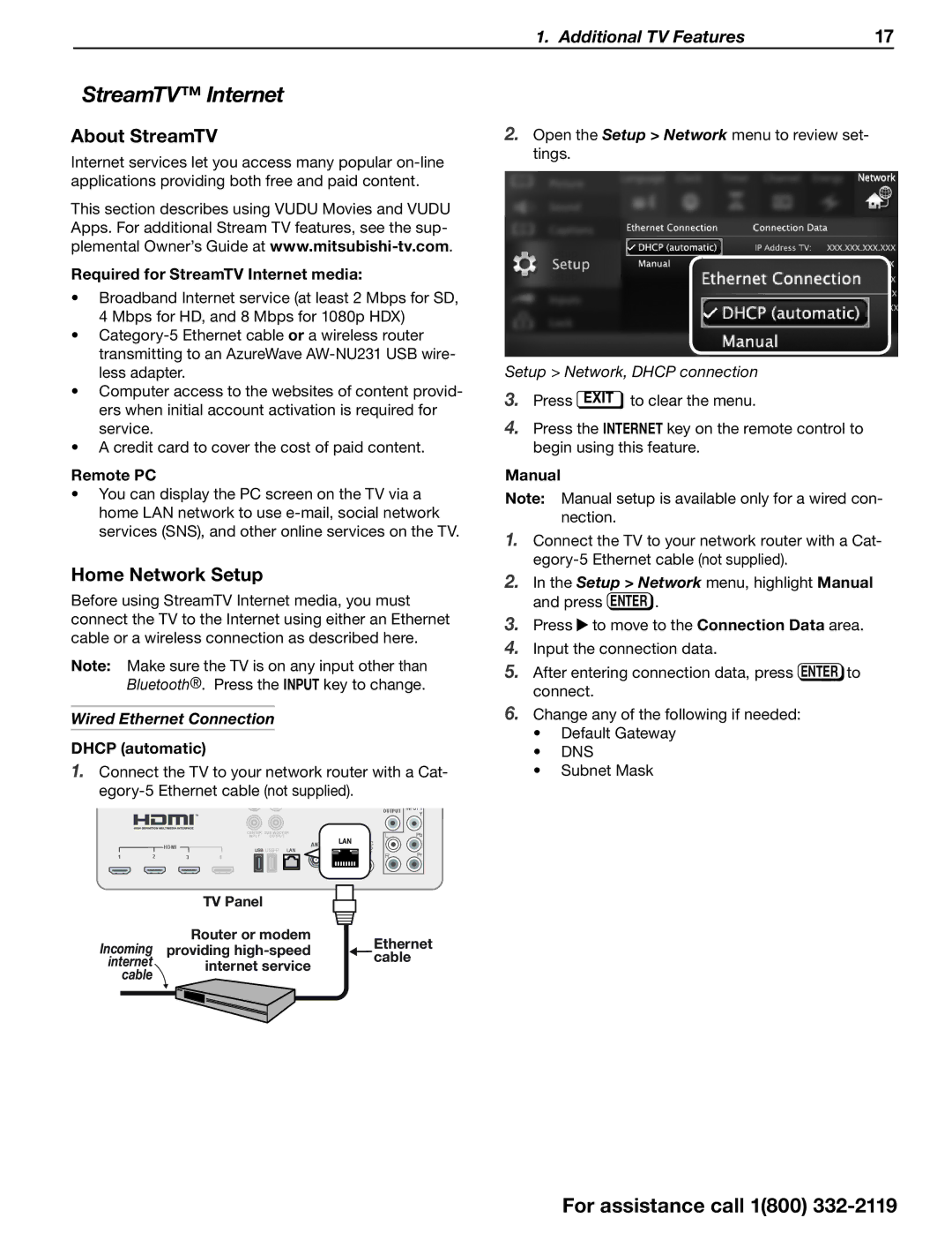 Mitsubishi Electronics SERIES 742 manual StreamTV Internet, About StreamTV, Home Network Setup, Wired Ethernet Connection 