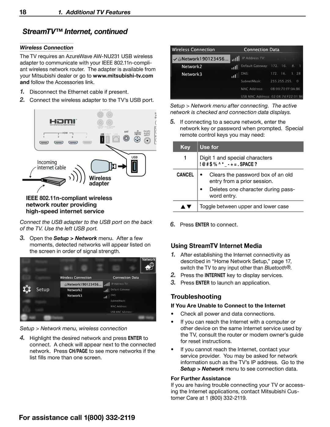 Mitsubishi Electronics SERIES 742 manual Using StreamTV Internet Media, Troubleshooting, Wireless Connection 