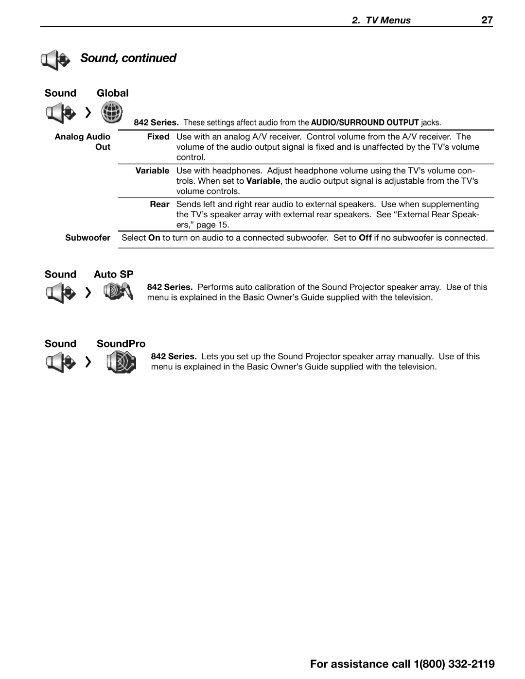 Mitsubishi Electronics SERIES 742 manual Sound Global, Sound Auto SP, Sound SoundPro 