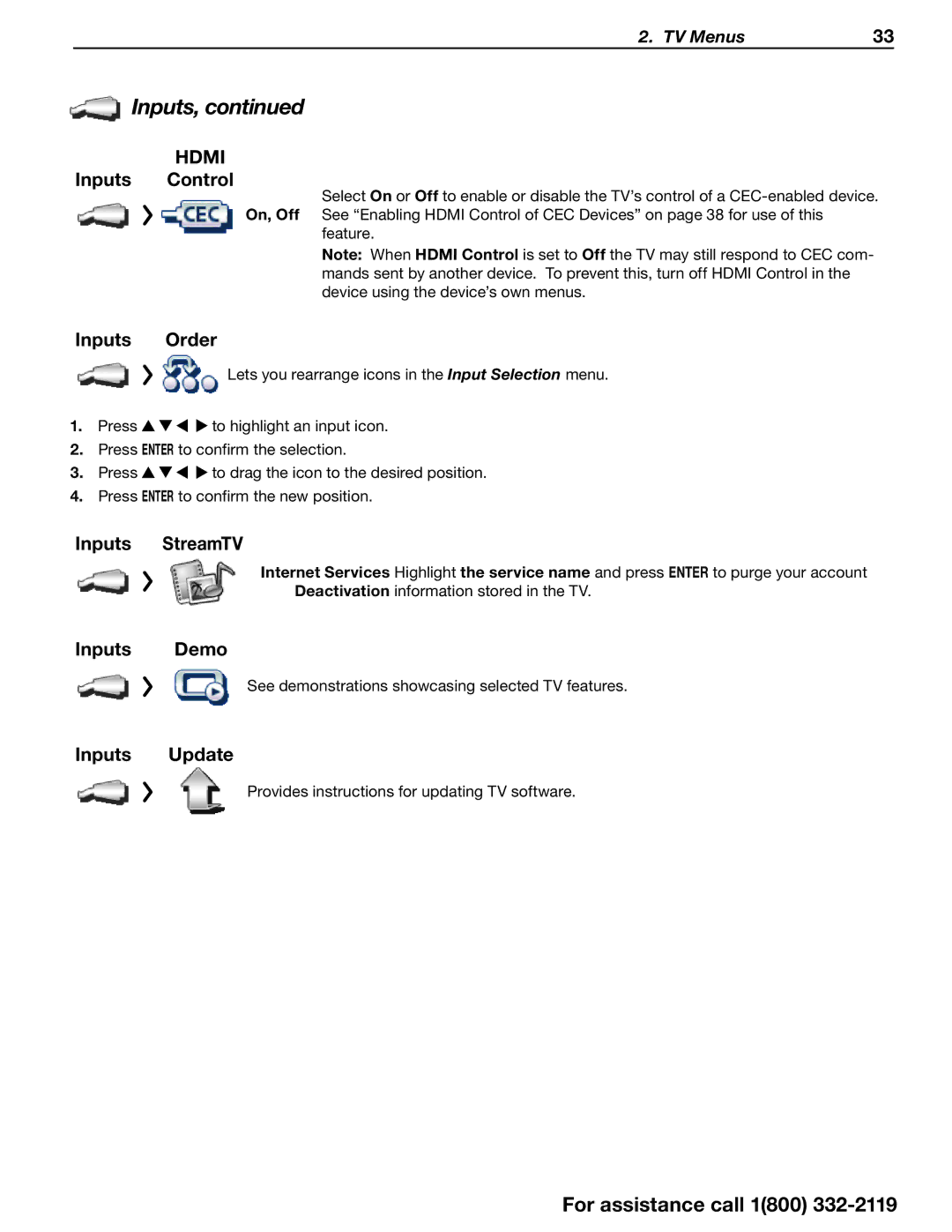 Mitsubishi Electronics SERIES 742 manual Hdmi Inputs Control Inputs Order, Inputs StreamTV, Inputs Demo, Inputs Update 