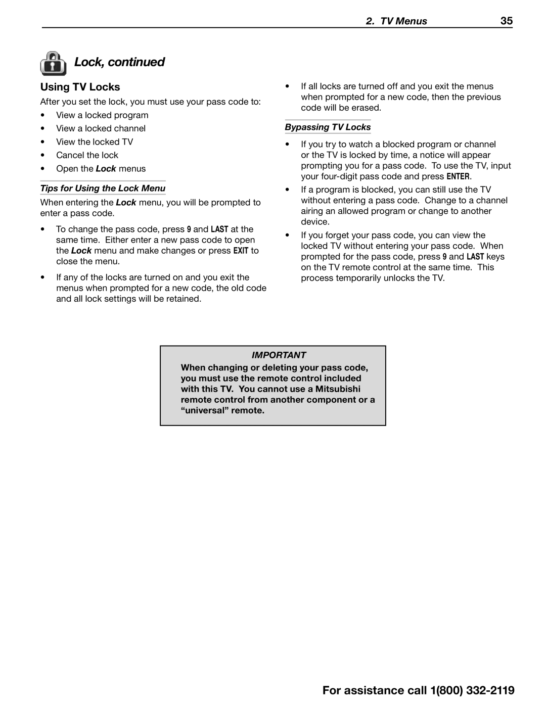 Mitsubishi Electronics SERIES 742 manual Using TV Locks, Tips for Using the Lock Menu, Bypassing TV Locks 