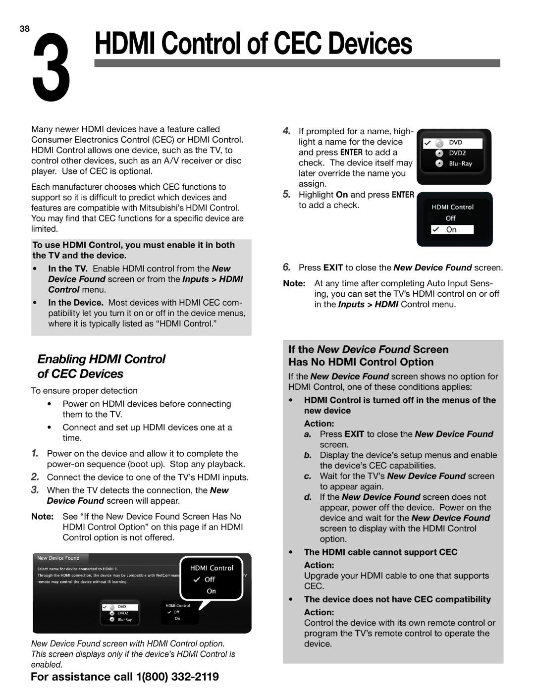 Mitsubishi Electronics SERIES 742 manual Enabling Hdmi Control CEC Devices, Has No Hdmi Control Option 