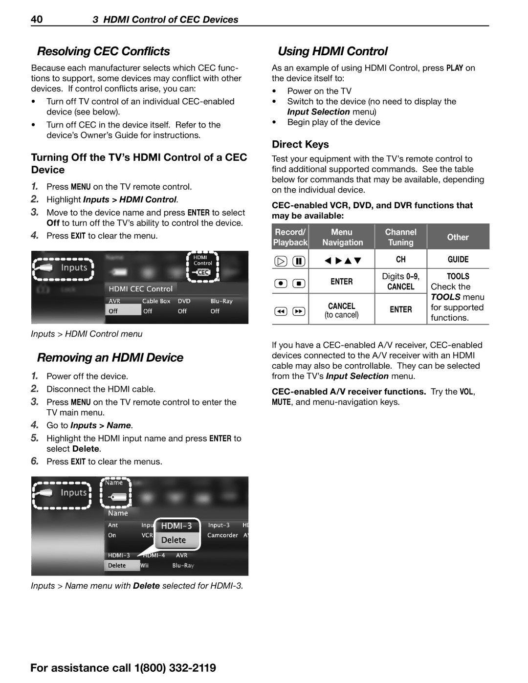 Mitsubishi Electronics SERIES 742 manual Resolving CEC Conflicts, Removing an Hdmi Device, Using Hdmi Control, Direct Keys 