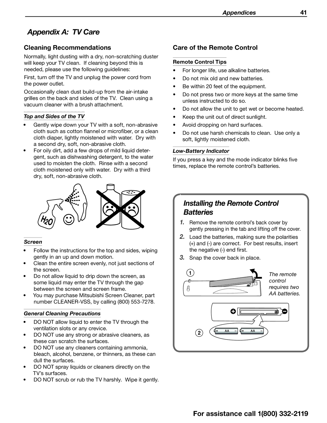 Mitsubishi Electronics SERIES 742 Appendix a TV Care, Installing the Remote Control Batteries, Cleaning Recommendations 