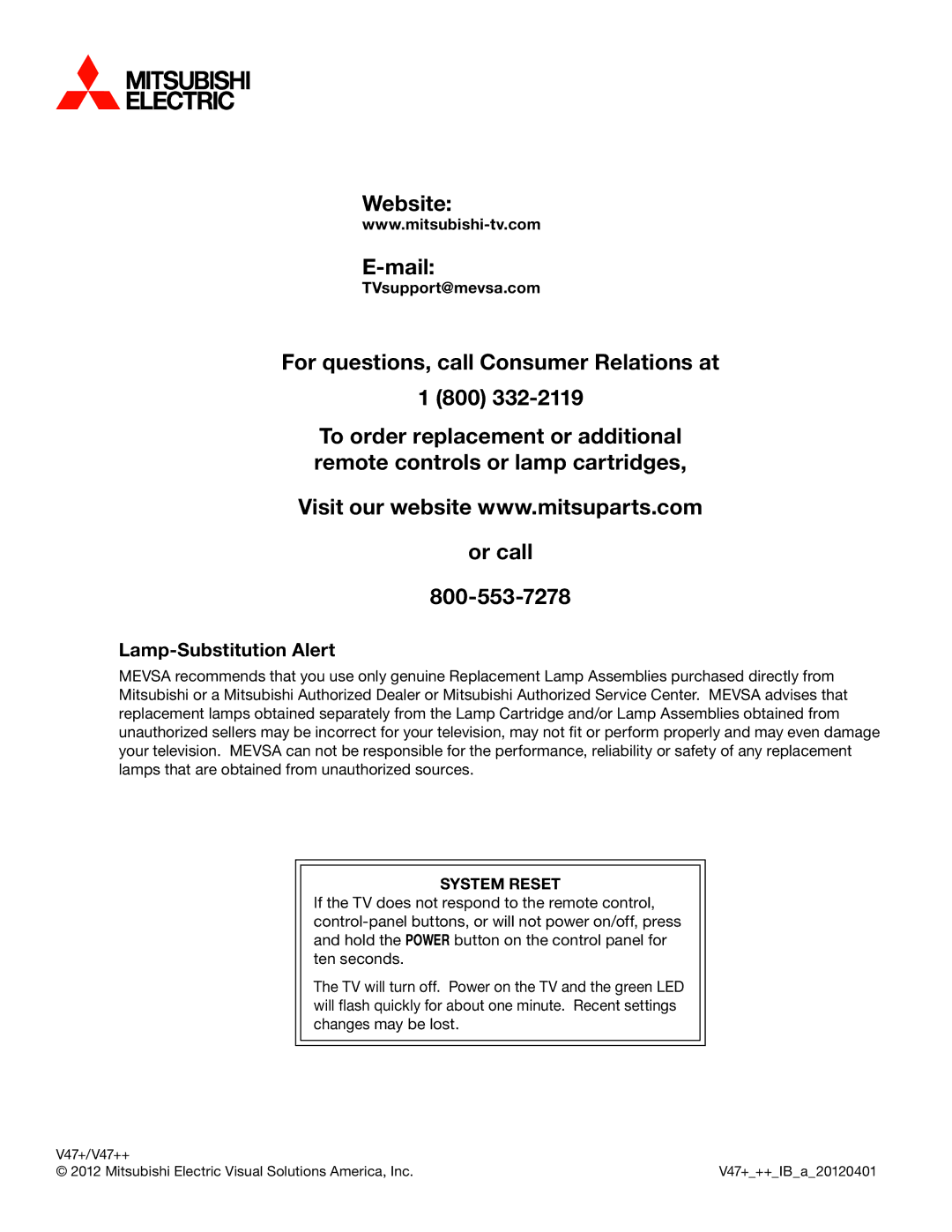 Mitsubishi Electronics SERIES 742 manual Lamp-Substitution Alert, TVsupport@mevsa.com, System Reset 