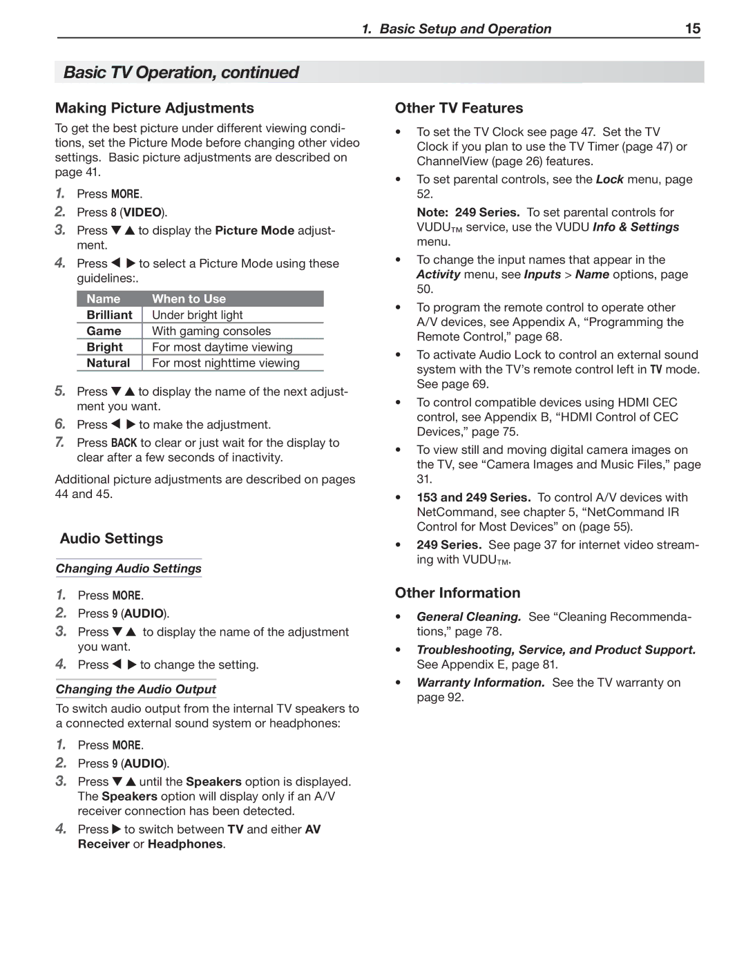 Mitsubishi Electronics SeriesLT-40151 Making Picture Adjustments, Audio Settings, Other TV Features, Other Information 