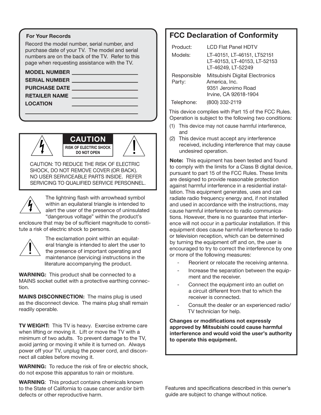 Mitsubishi Electronics SeriesLT-40151 manual FCC Declaration of Conformity, For Your Records 