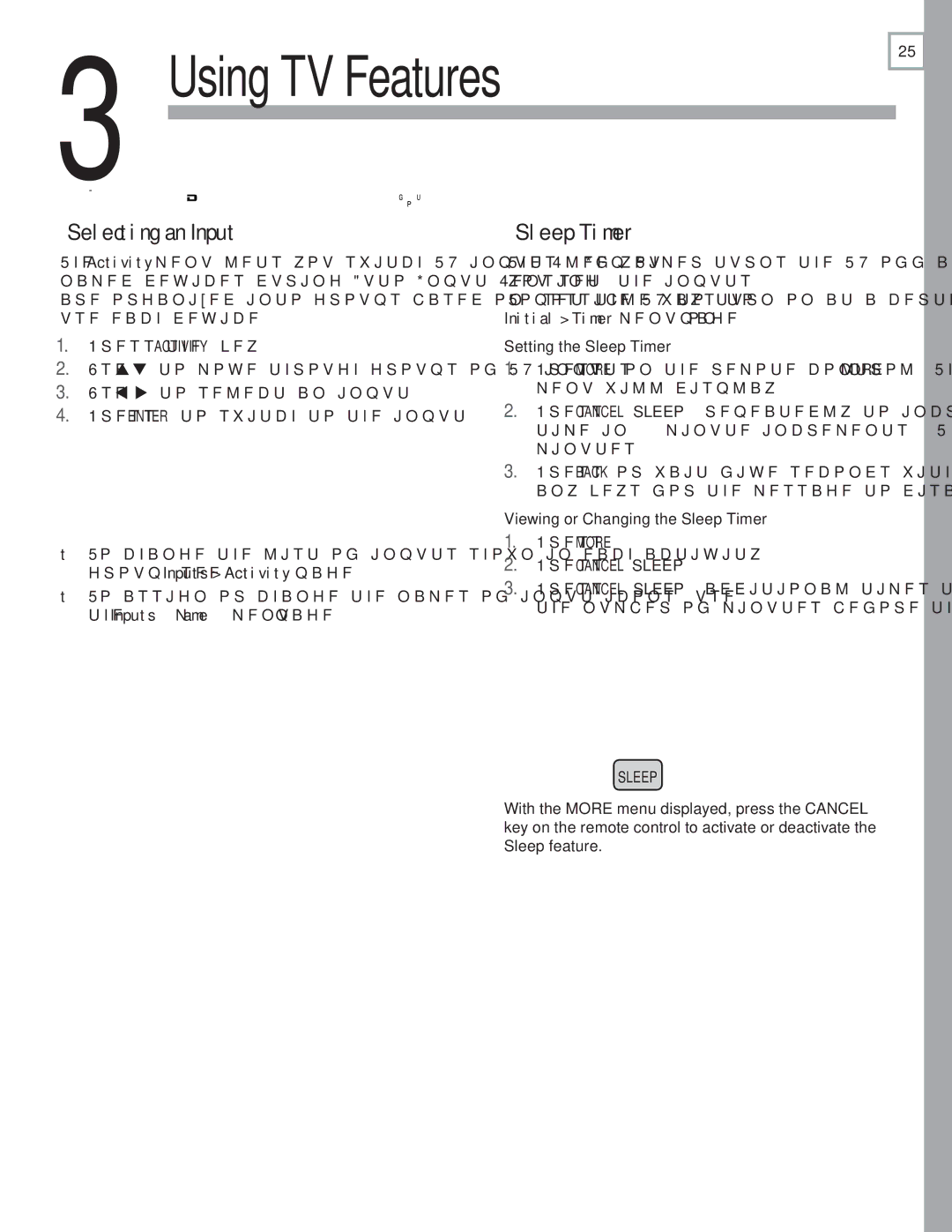 Mitsubishi Electronics SeriesLT-40151 manual Selecting an Input, Sleep Timer 