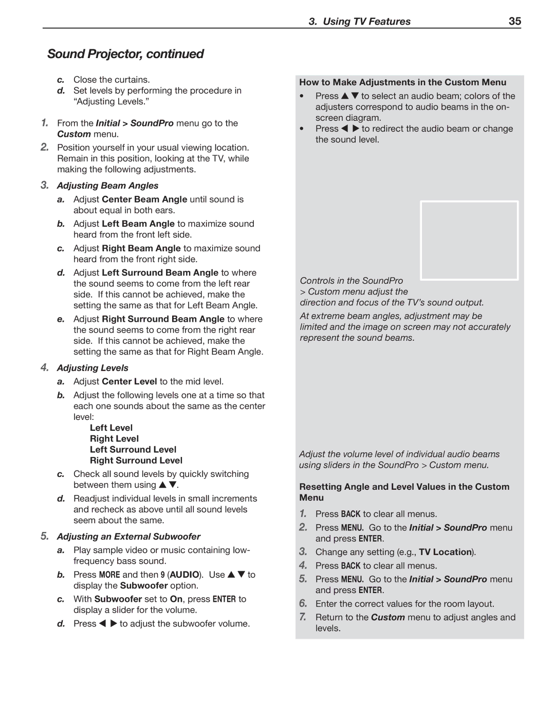 Mitsubishi Electronics SeriesLT-40151 manual Custom menu, Adjusting Beam Angles, Adjusting Levels 