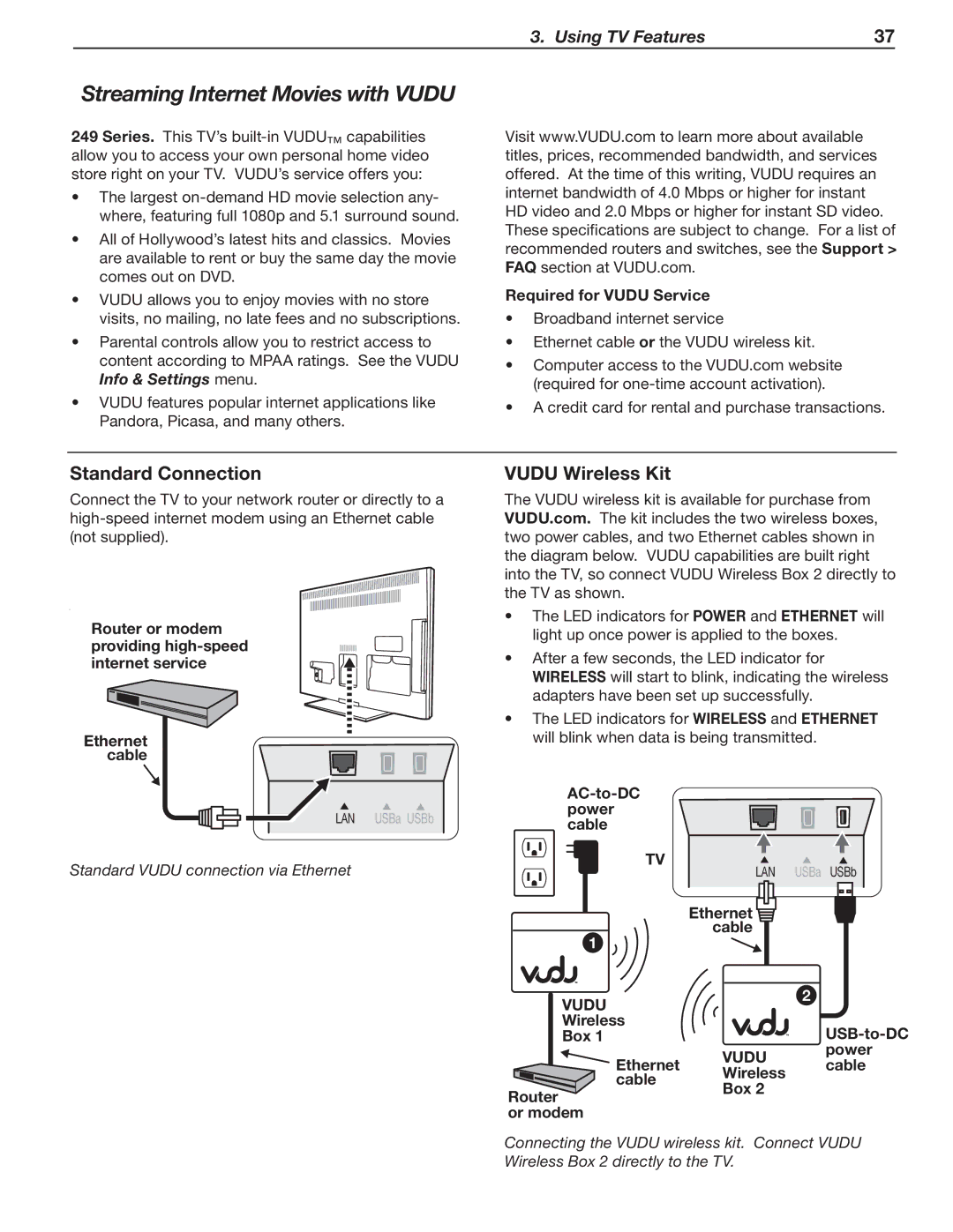 Mitsubishi Electronics SeriesLT-40151 manual Streaming Internet Movies with Vudu, Standard Connection, Vudu Wireless Kit 