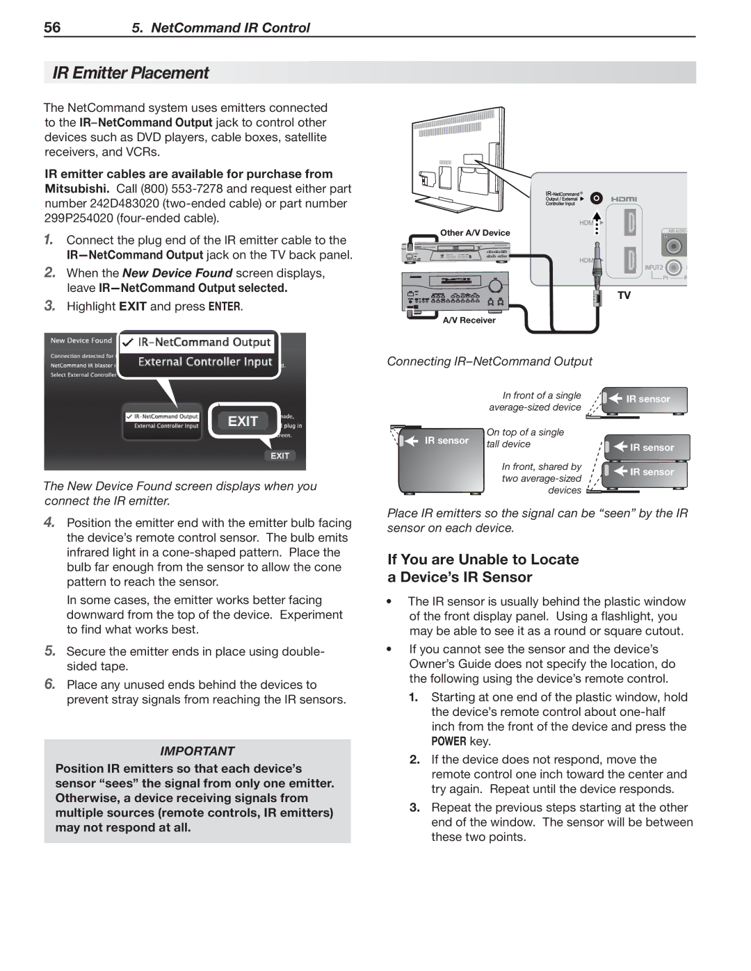 Mitsubishi Electronics SeriesLT-40151 IR Emitter Placement, If You are Unable to Locate a Device’s IR Sensor, Power key 