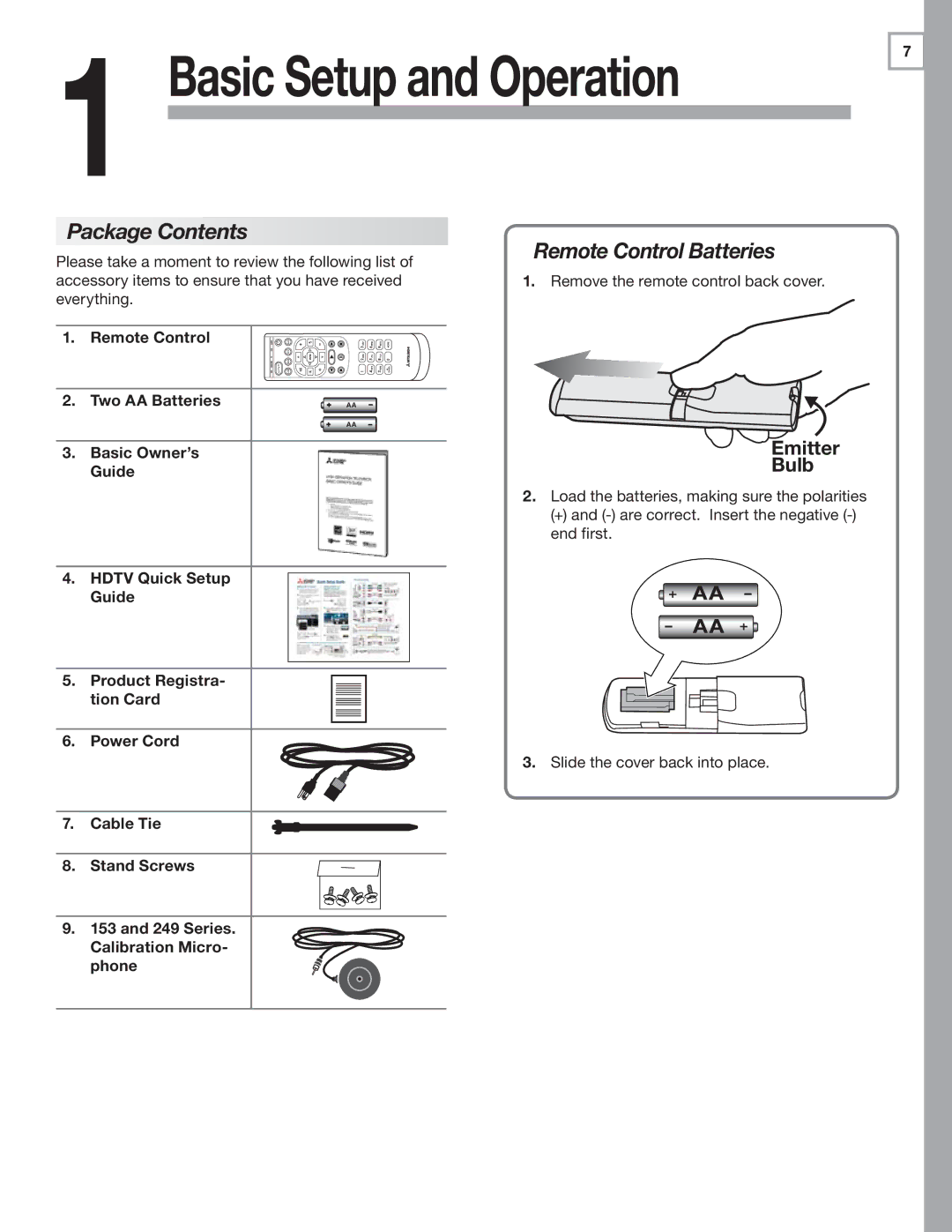 Mitsubishi Electronics SeriesLT-40151 manual Package Contents, Remote Control Batteries 