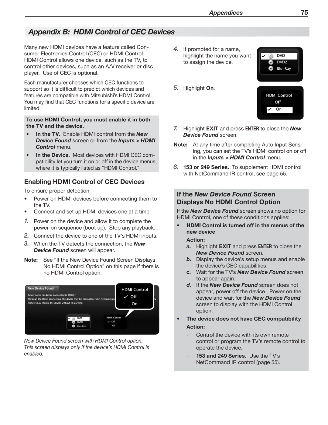 Mitsubishi Electronics SeriesLT-40151 manual Appendix B Hdmi Control of CEC Devices, Enabling Hdmi Control of CEC Devices 