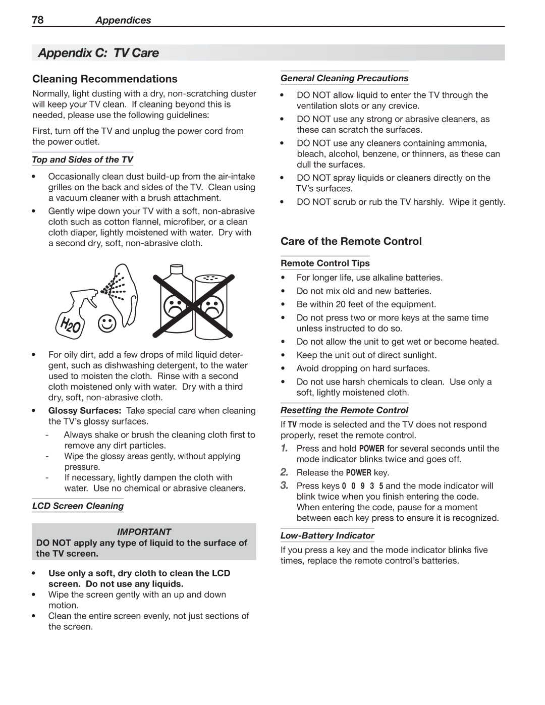 Mitsubishi Electronics SeriesLT-40151 manual Appendix C TV Care, Cleaning Recommendations, Care of the Remote Control 