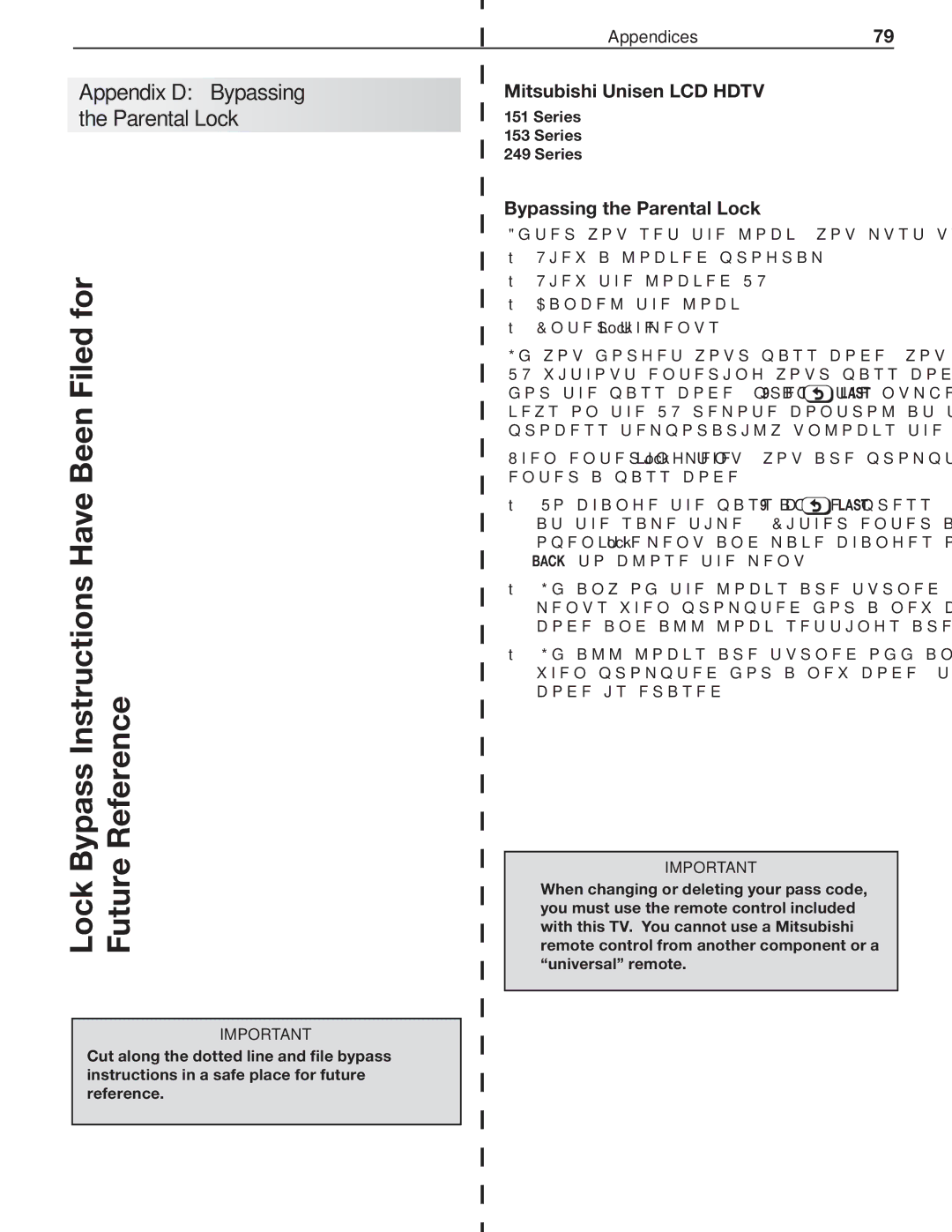 Mitsubishi Electronics SeriesLT-40151 manual Mitsubishi Unisen LCD Hdtv, Bypassing the Parental Lock 