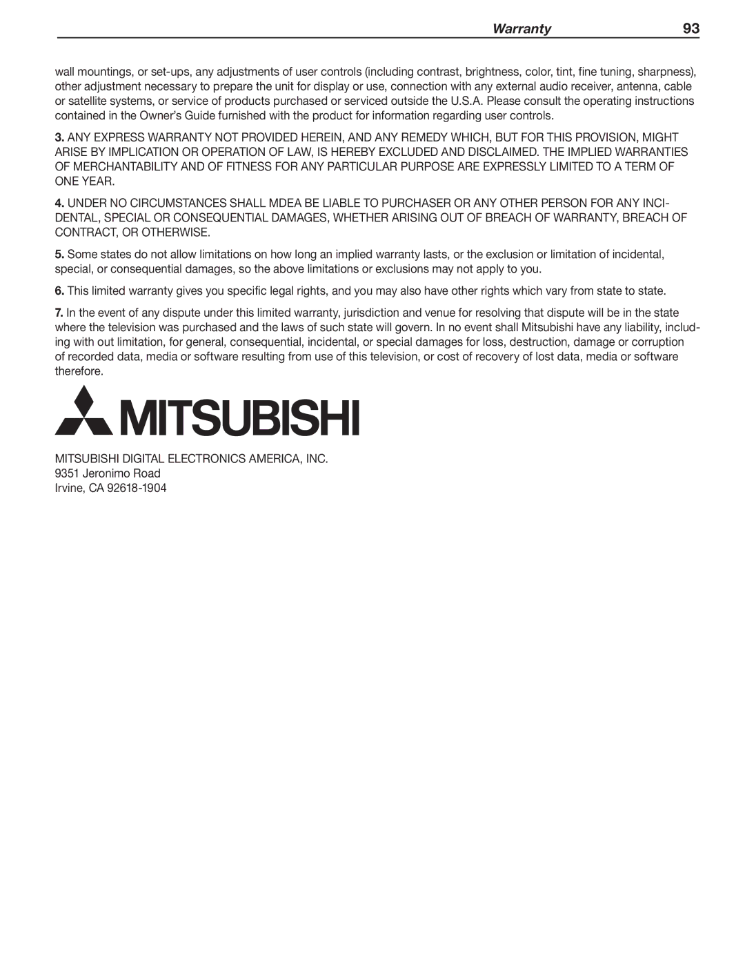 Mitsubishi Electronics SeriesLT-40151 manual Warranty93 