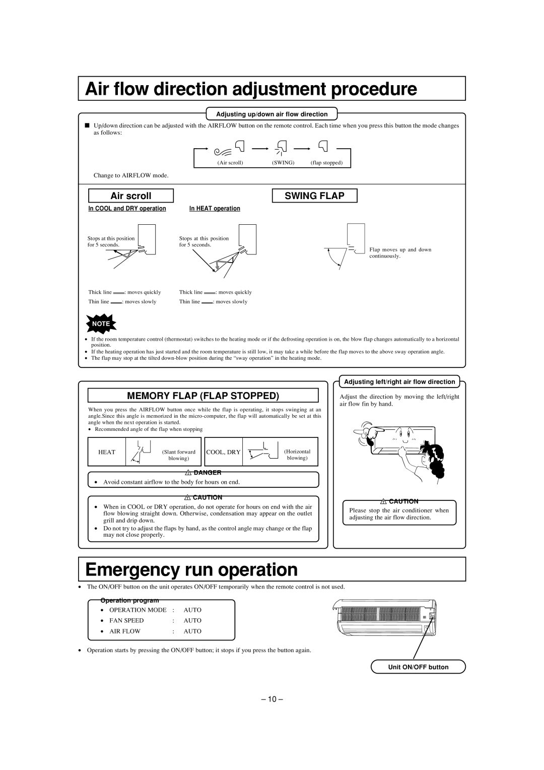 Mitsubishi Electronics SKM28ZD-S Air flow direction adjustment procedure, Emergency run operation, Air scroll, Swing Flap 