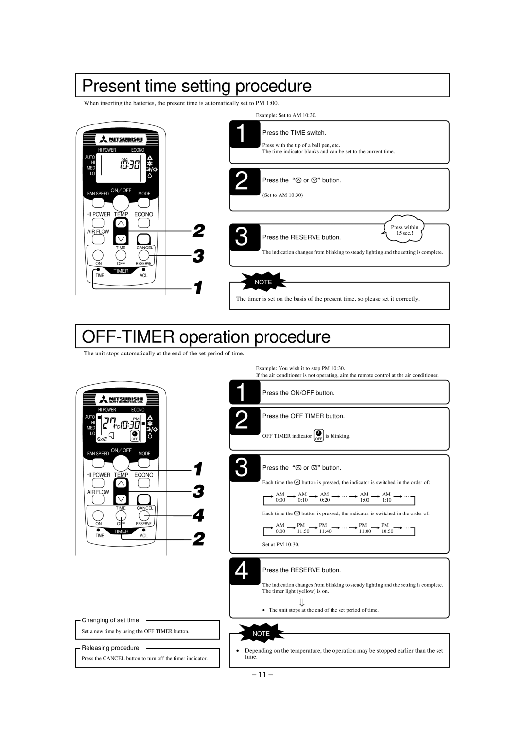 Mitsubishi Electronics SKM50ZD-S, SKM35ZD-S, SKM28ZD-S Present time setting procedure, OFF-TIMER operation procedure 