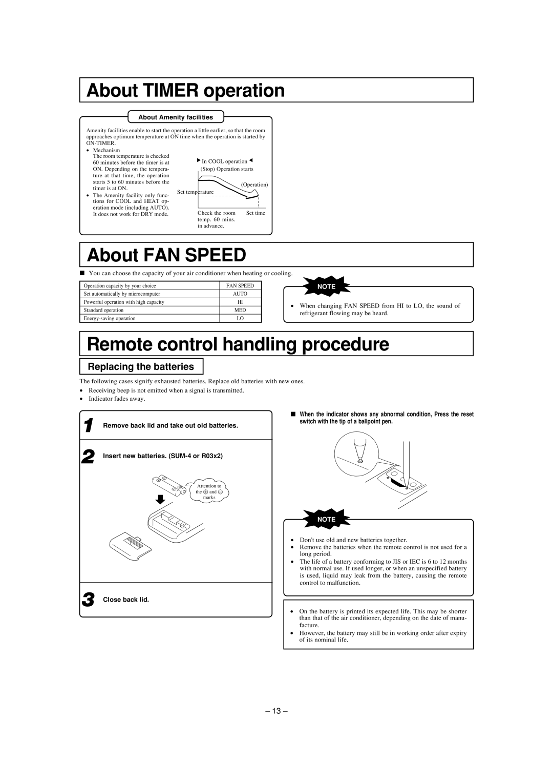 Mitsubishi Electronics SKM25ZD-S, SKM35ZD-S About Timer operation, About FAN Speed, Remote control handling procedure 