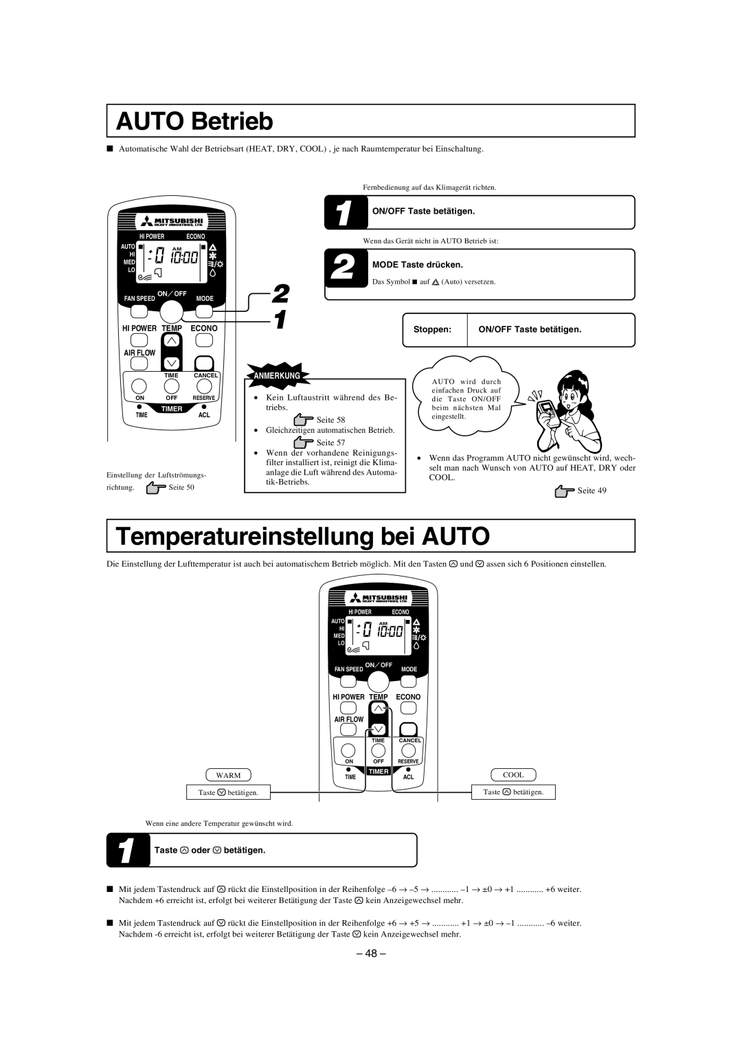 Mitsubishi Electronics SKM25ZD-S, SKM35ZD-S, SKM28ZD-S, SKM50ZD-S, SKM22ZD-S Auto Betrieb, Temperatureinstellung bei Auto 