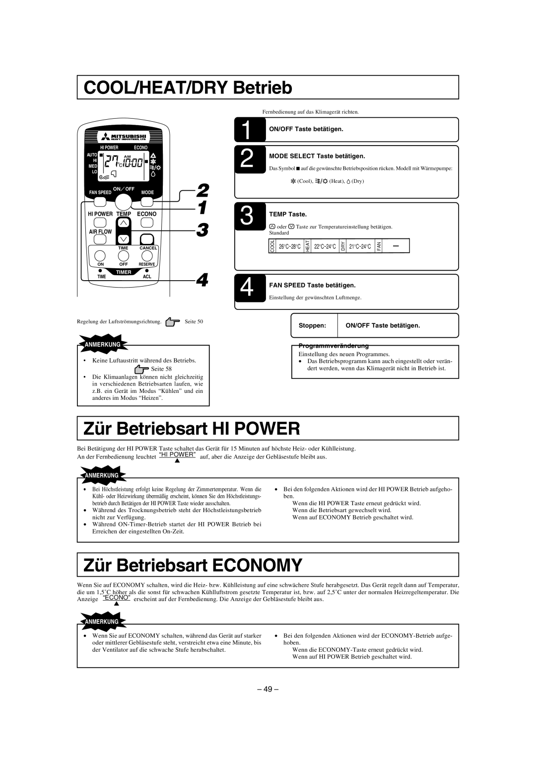 Mitsubishi Electronics SKM35ZD-S, SKM28ZD-S COOL/HEAT/DRY Betrieb, Zür Betriebsart HI Power, Zür Betriebsart Economy 