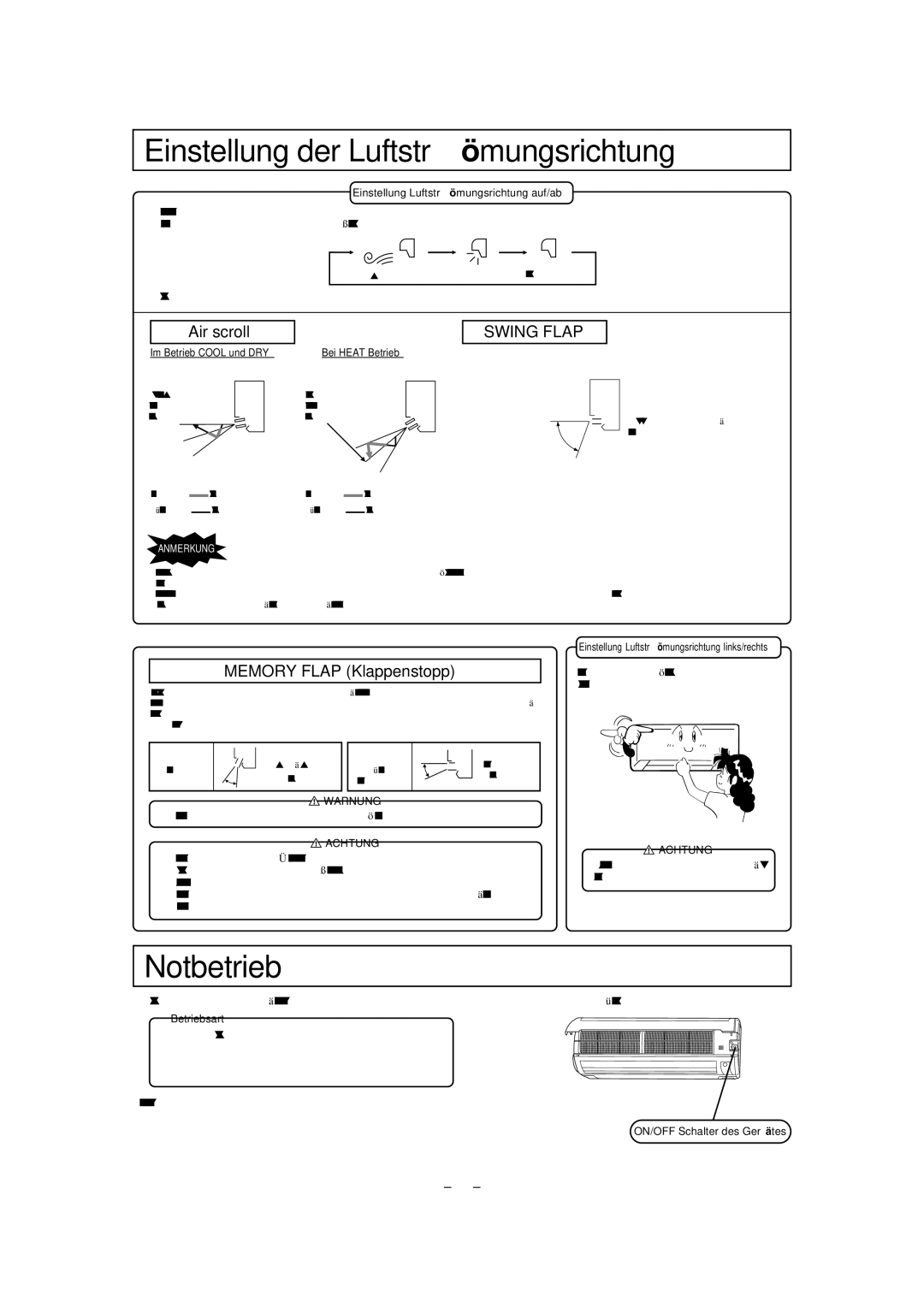 Mitsubishi Electronics SKM28ZD-S, SKM35ZD-S Einstellung der Luftströmungsrichtung, Notbetrieb, Memory Flap Klappenstopp 