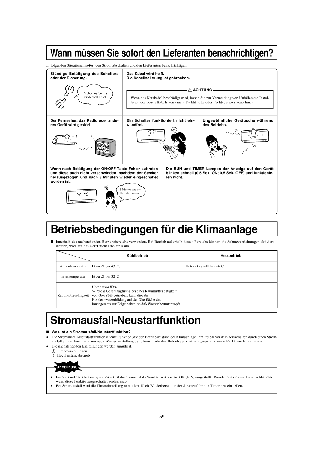 Mitsubishi Electronics SKM35ZD-S, SKM28ZD-S Betriebsbedingungen für die Klimaanlage, Stromausfall-Neustartfunktion 