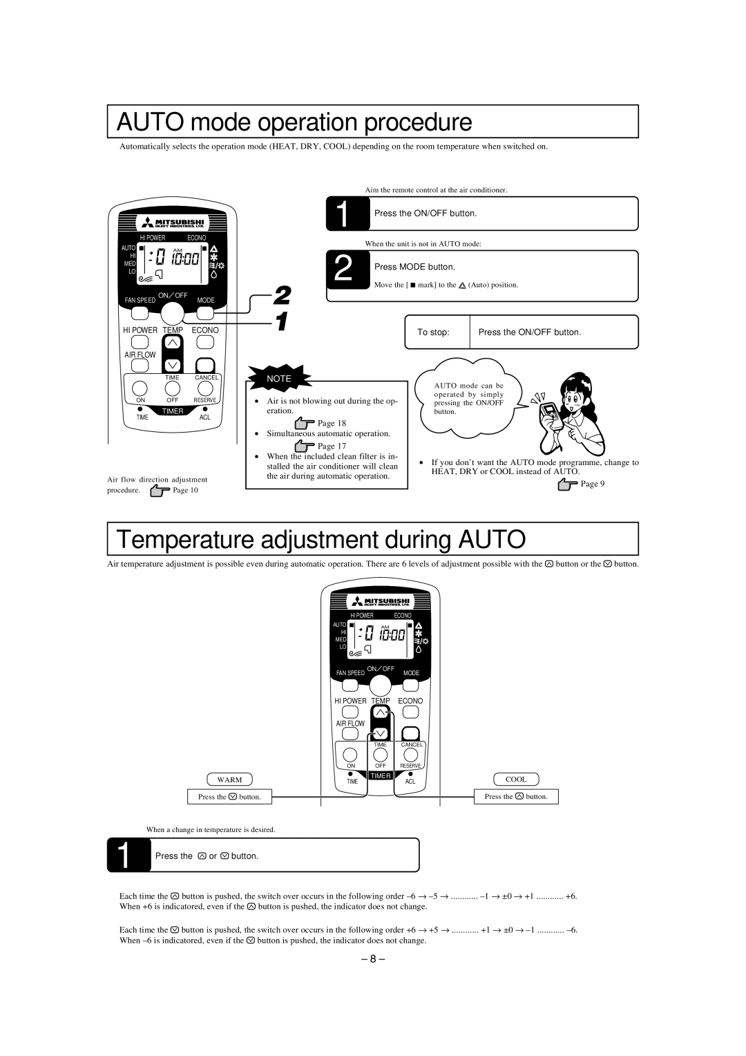 Mitsubishi Electronics SKM25ZD-S, SKM35ZD-S, SKM28ZD-S Auto mode operation procedure, Temperature adjustment during Auto 