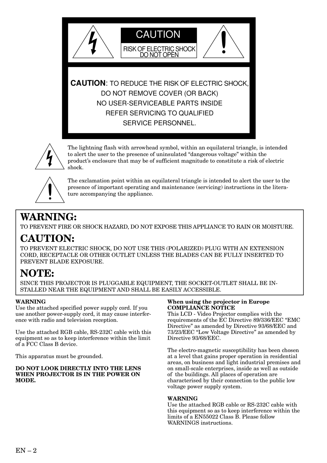 Mitsubishi Electronics SL1U user manual When using the projector in Europe, Compliance Notice 