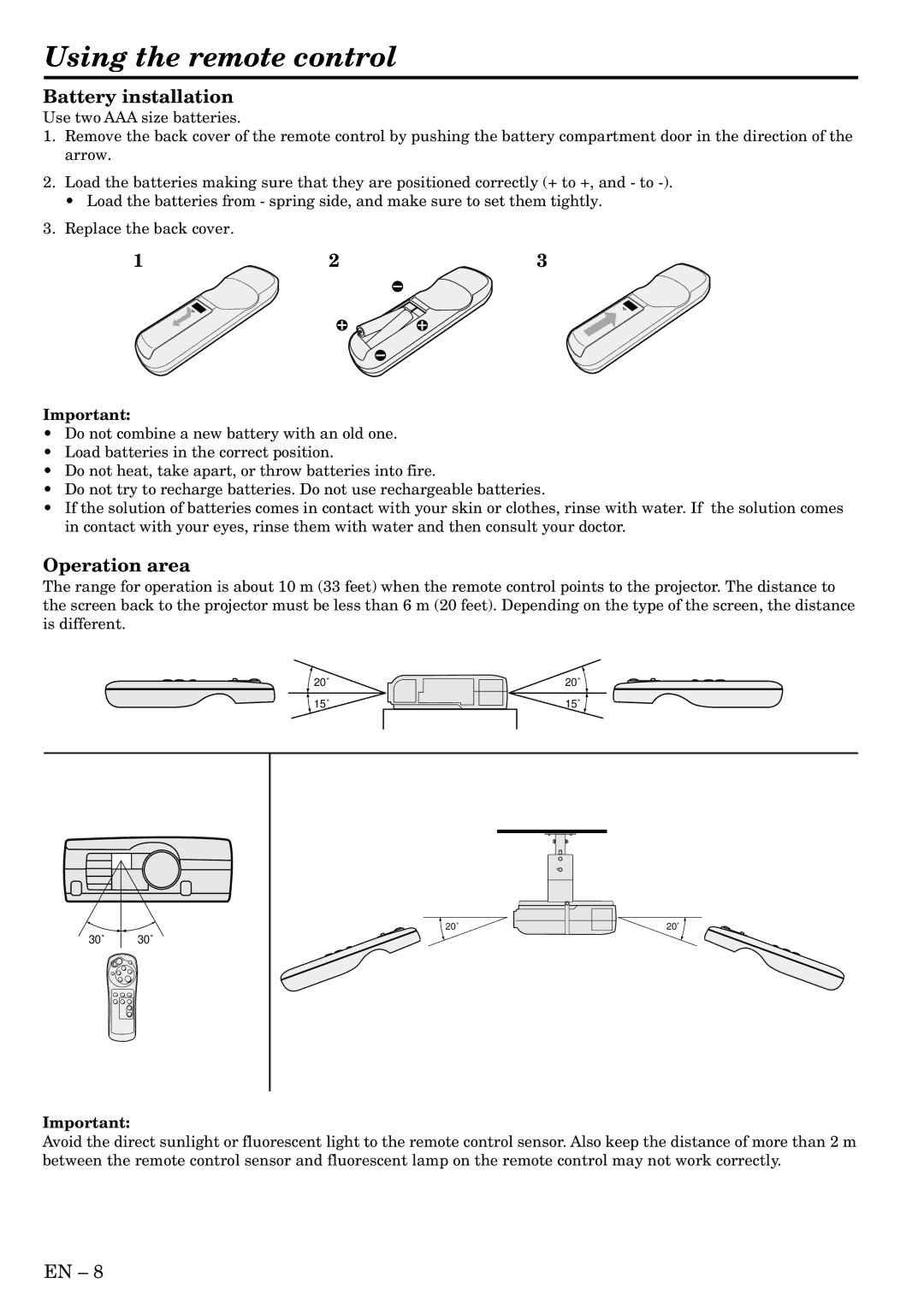 Mitsubishi Electronics SL1U user manual Using the remote control, Battery installation, Operation area 