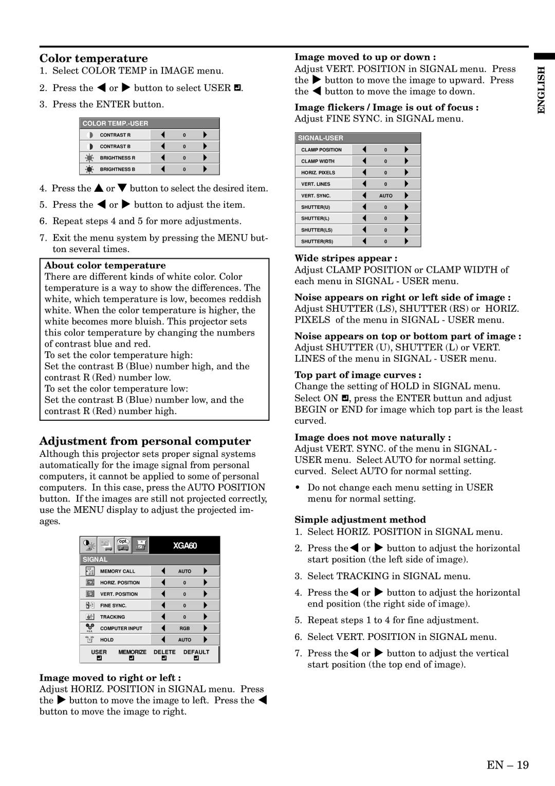 Mitsubishi Electronics SL2U XL1X user manual Color temperature, Adjustment from personal computer 