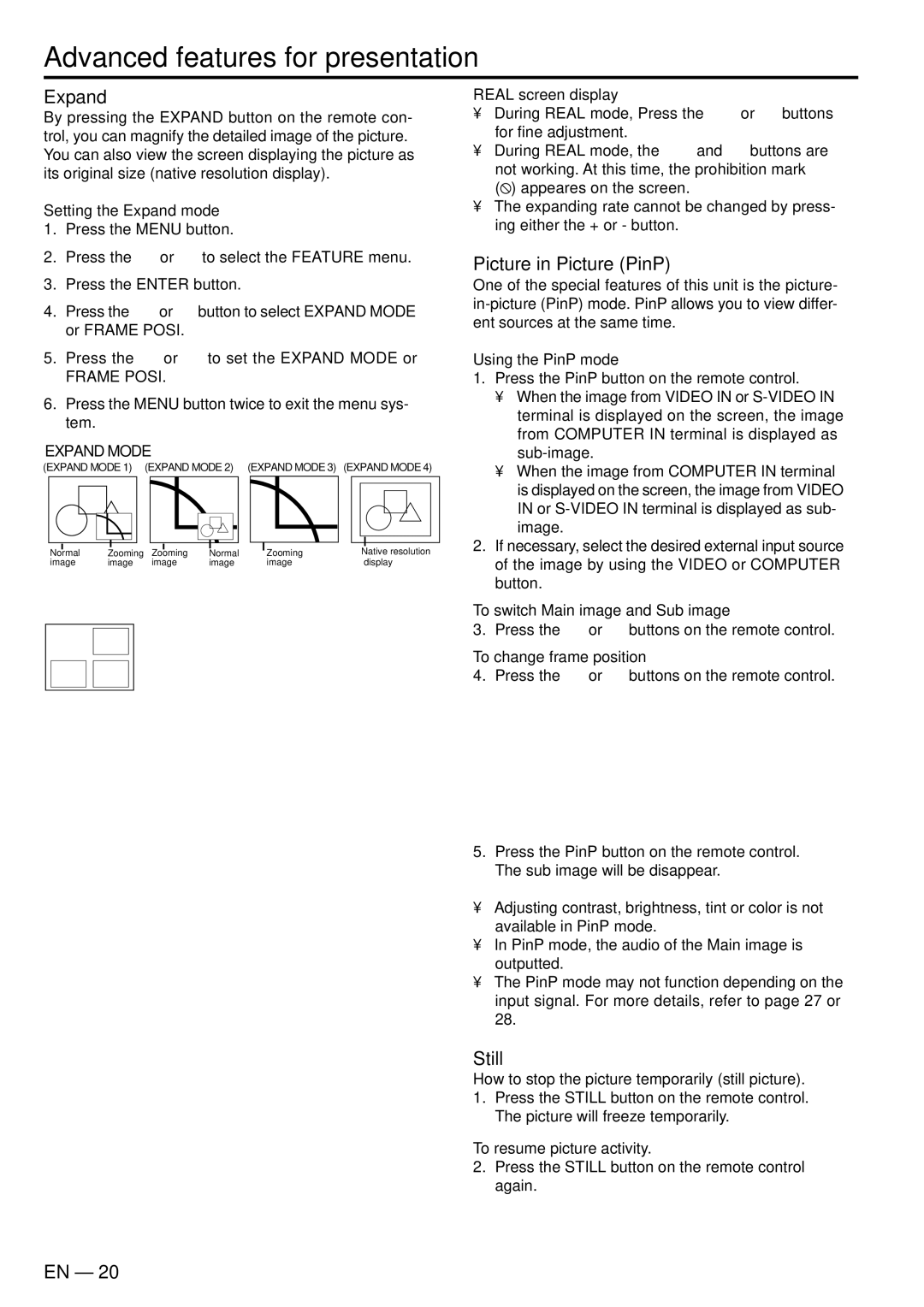 Mitsubishi Electronics SL2U XL1X user manual Advanced features for presentation, Expand, Picture in Picture PinP, Still 