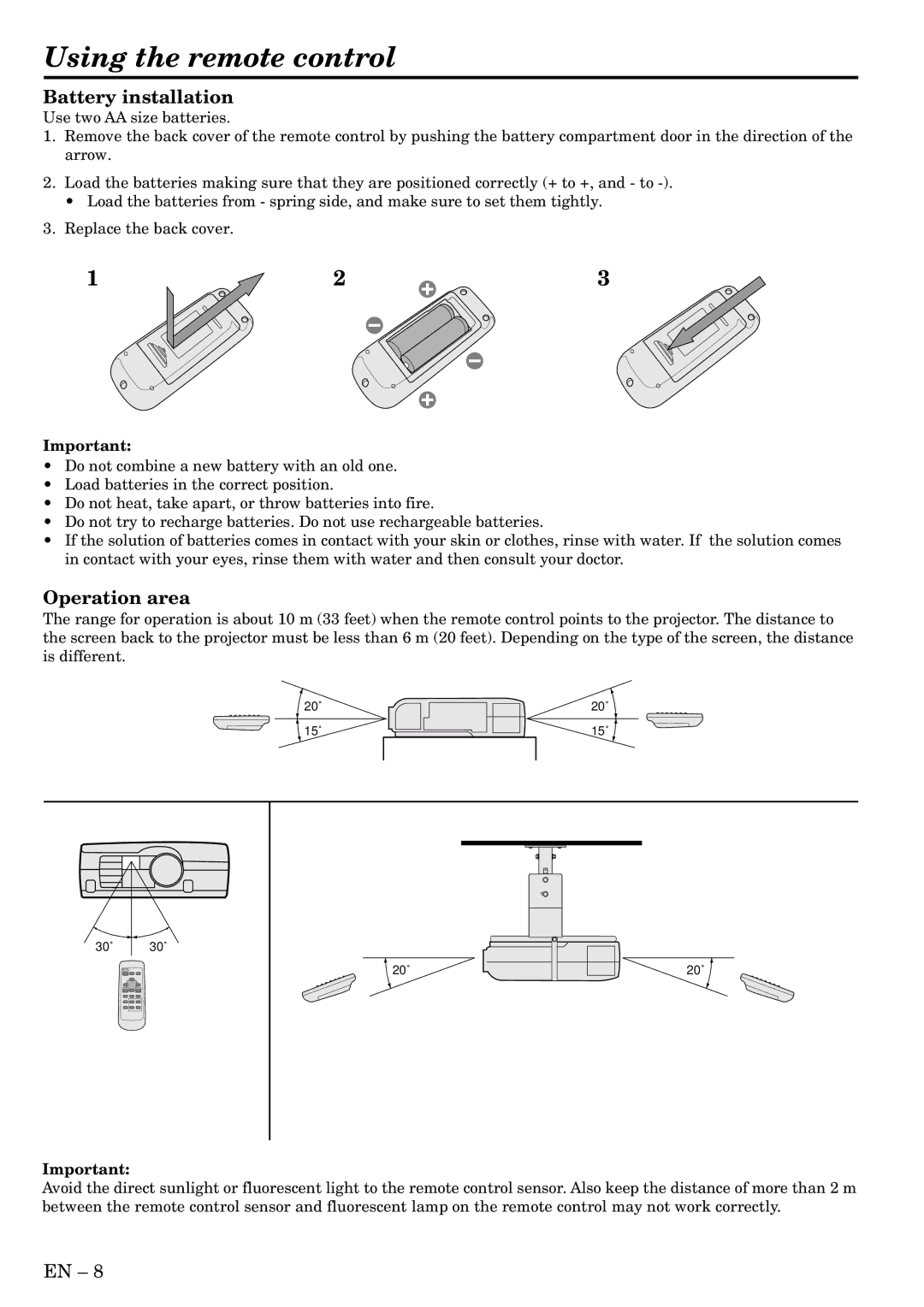 Mitsubishi Electronics SL2U XL1X user manual Using the remote control, Battery installation, Operation area 