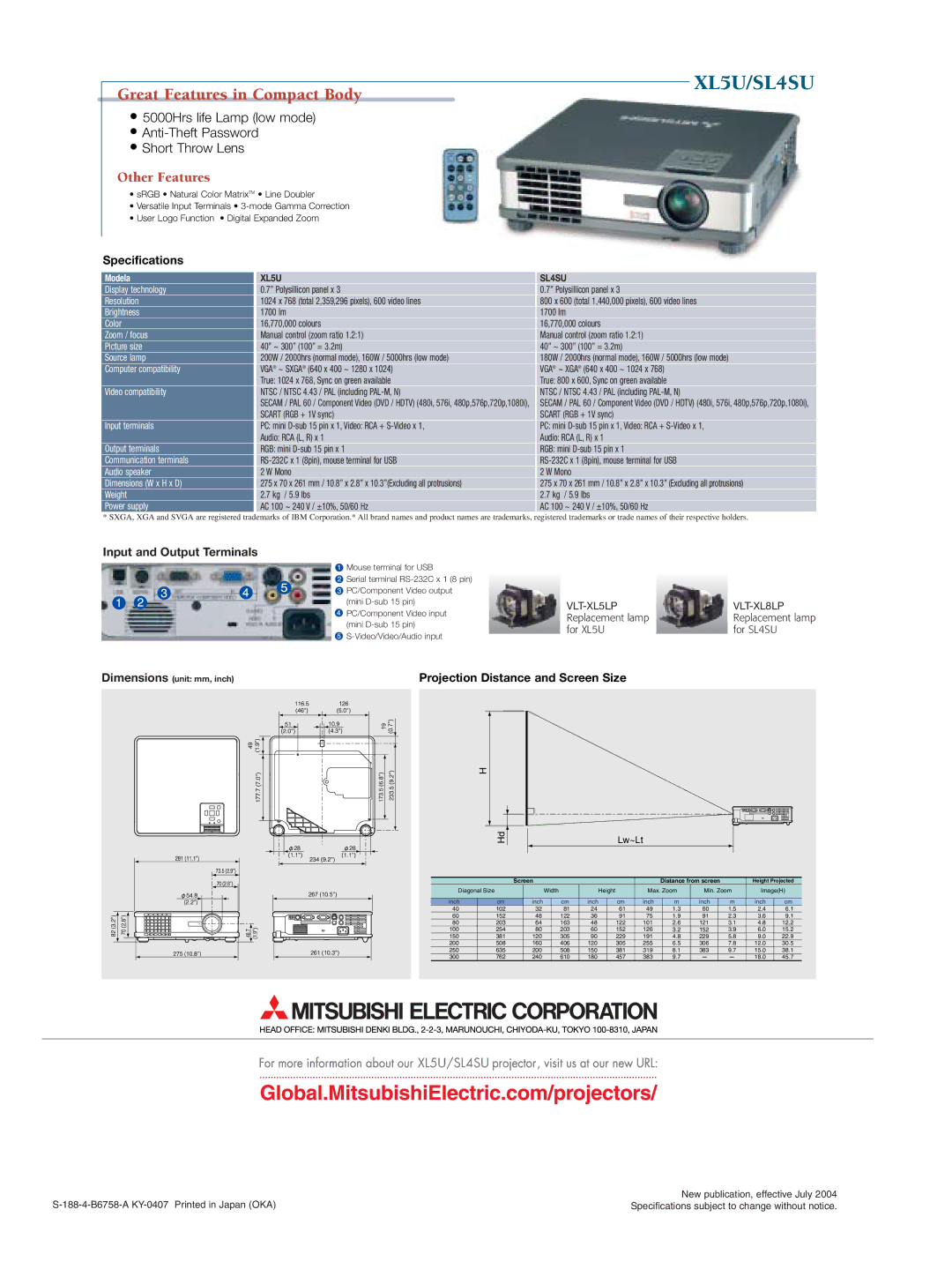 Mitsubishi Electronics SL4SU manual Specifications, Input and Output Terminals, Projection Distance and Screen Size 