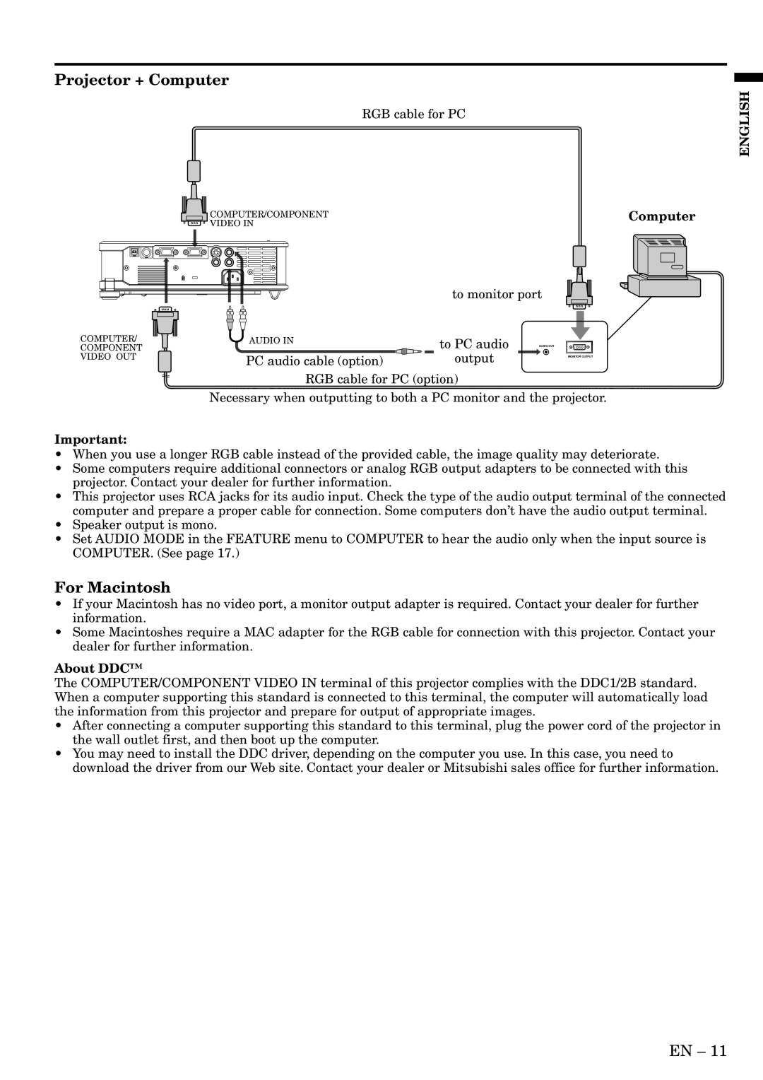 Mitsubishi Electronics SL4SU user manual Projector + Computer, For Macintosh, About DDC 