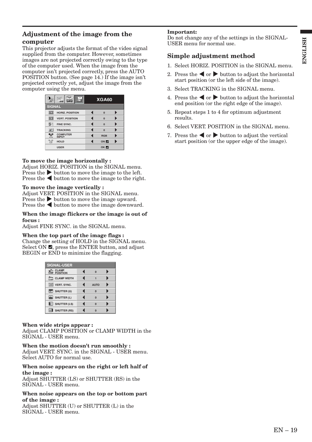 Mitsubishi Electronics SL4SU user manual Adjustment of the image from the computer, Simple adjustment method 