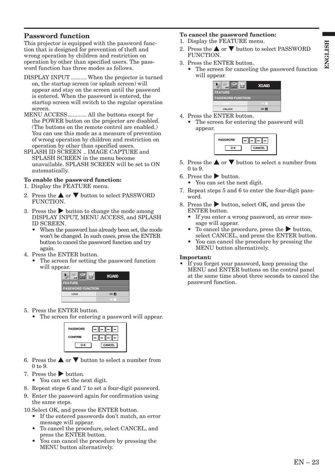 Mitsubishi Electronics SL4SU Password function, To cancel the password function, To enable the password function 