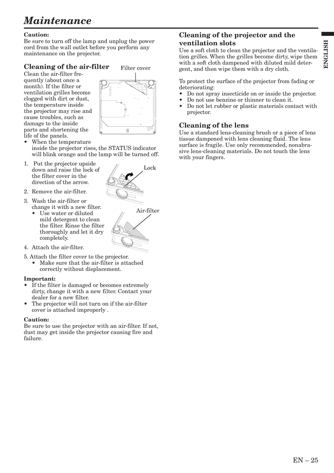 Mitsubishi Electronics SL4SU user manual Maintenance, Cleaning of the air-filter Filter cover, Cleaning of the lens 