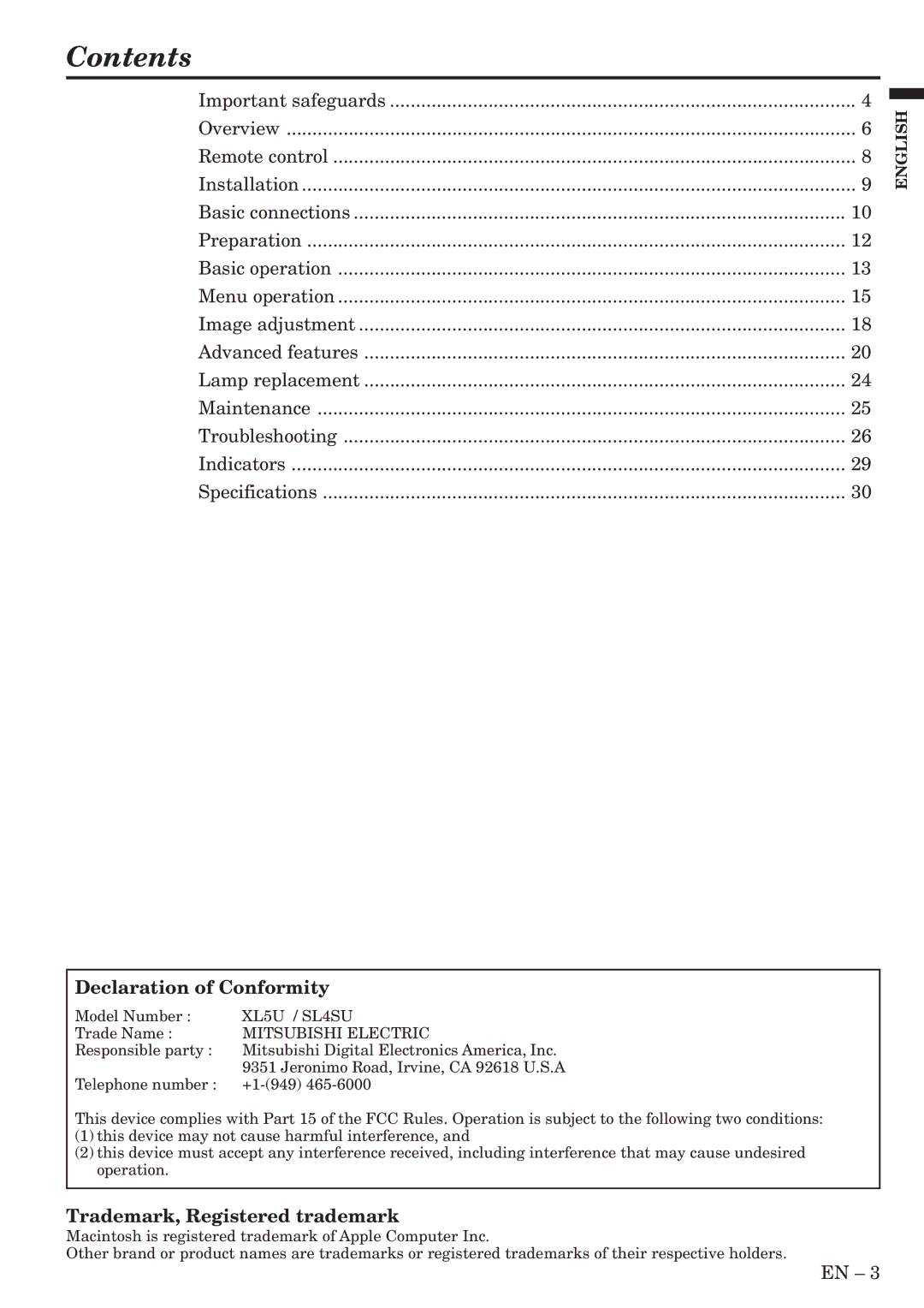 Mitsubishi Electronics SL4SU user manual Contents 