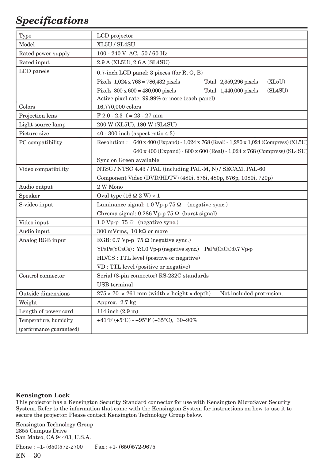 Mitsubishi Electronics SL4SU user manual Specifications 