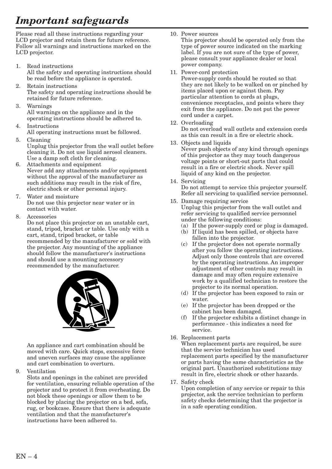 Mitsubishi Electronics SL4SU user manual Important safeguards 