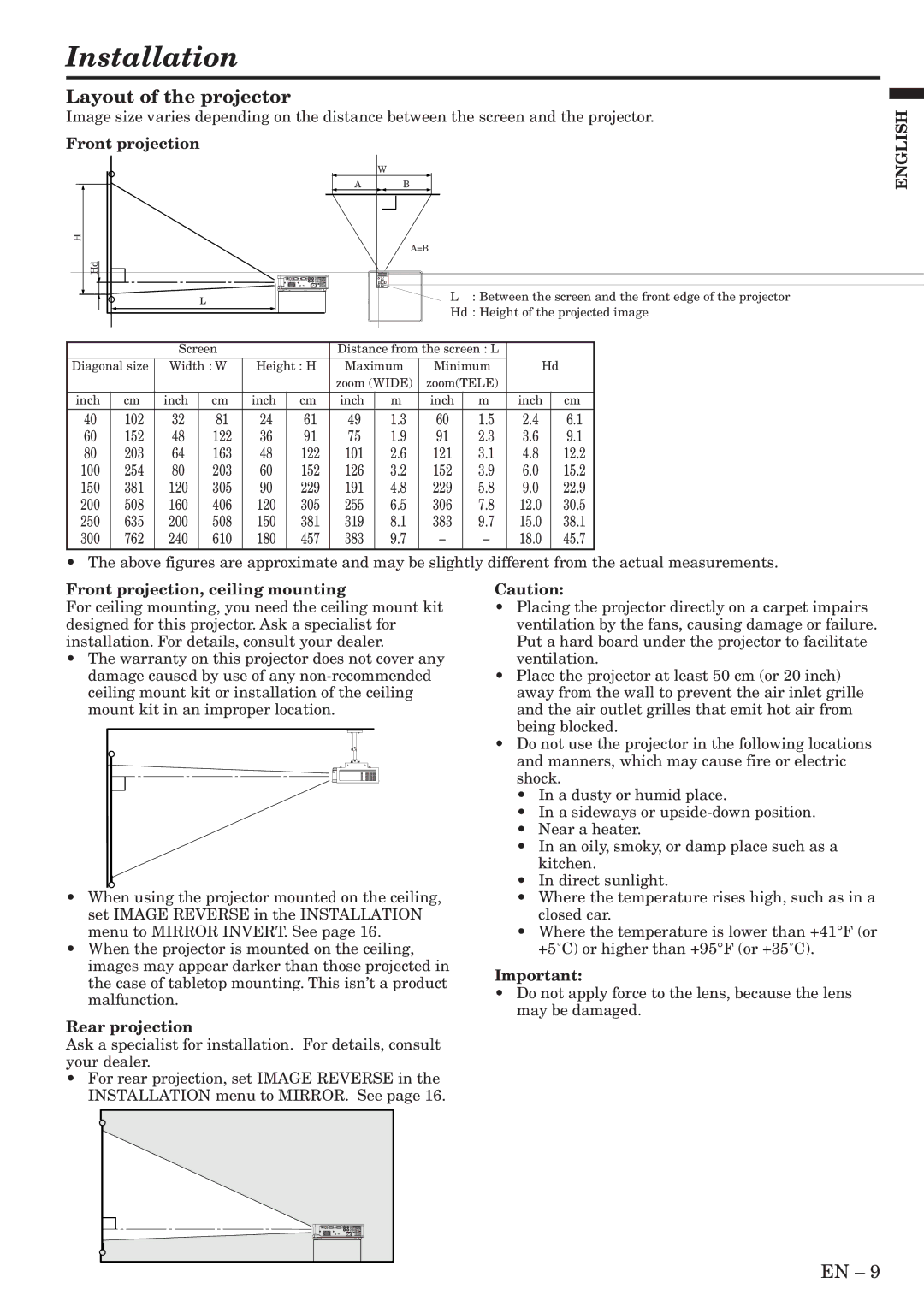 Mitsubishi Electronics SL4SU user manual Installation, Layout of the projector, Front projection, ceiling mounting 