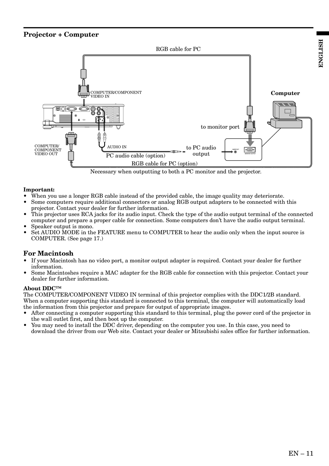 Mitsubishi Electronics SL6U user manual Projector + Computer, For Macintosh, About DDC 